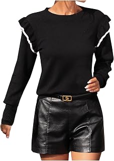JISDFKFL Crop Tops for Women Sale Clearance, Ladies Shirts and Blouses Autumn/Winter Fashion Casual Solid Color Long Sleeve Round-Neck Sweater Ruffled Knit Loose Pullover Sweater