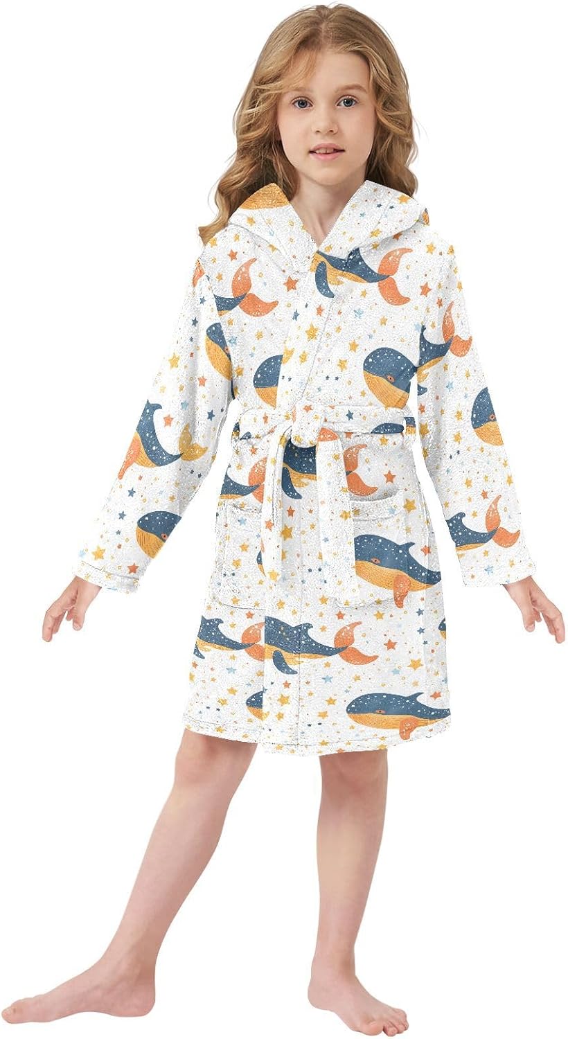 senya Whale Pale Yellow Stars Toddler Hooded Bathrobe Kids Soft Plush Bath Towel Robes for Boys Girls 2-12 Years