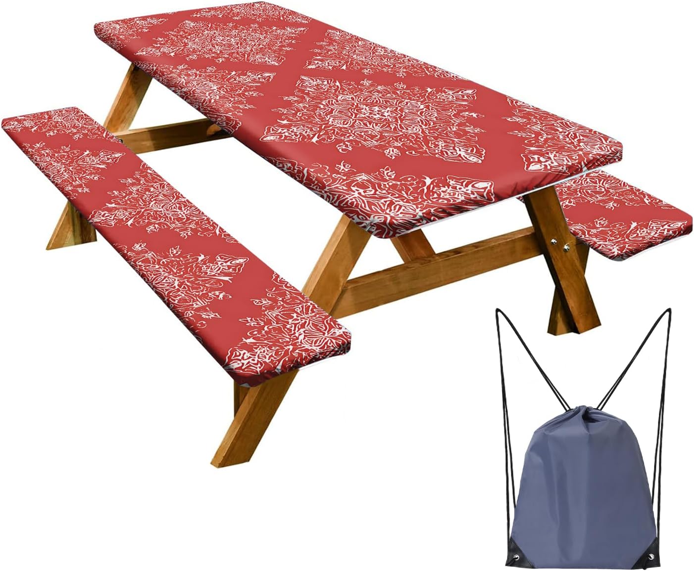 Picnic Table Cover with Bench Covers Set of 3 - Red Ethnic Symmetrical Bohemian Medallion Pattern, Elastic Fitted Tablecloth for 6 Ft Tables, Washable Polyester Cover for Patio, Indoor & Outdoor