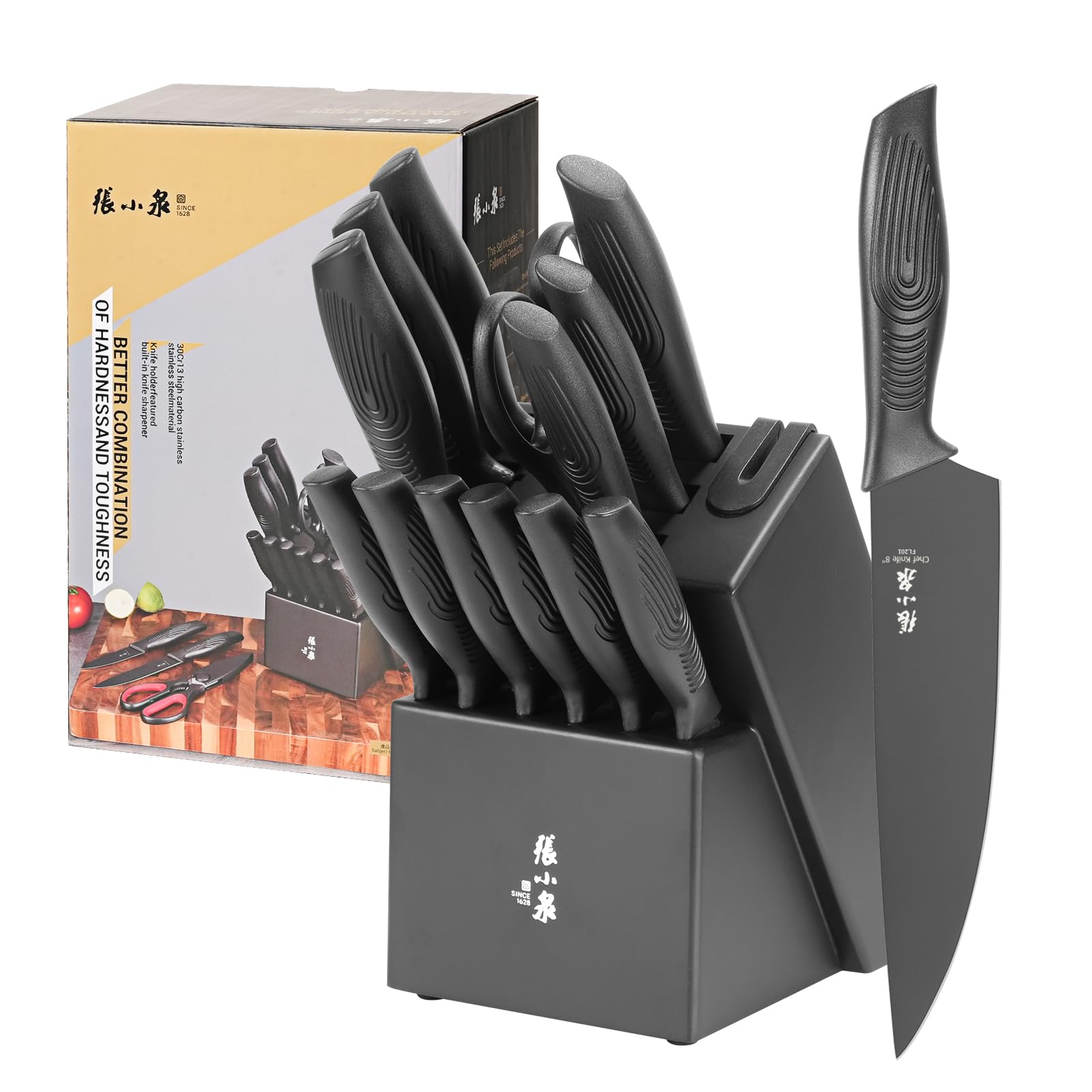 ZHANG XIAO QUAN SINCE 1628 15 Pcs Knife Set with Block（Black）