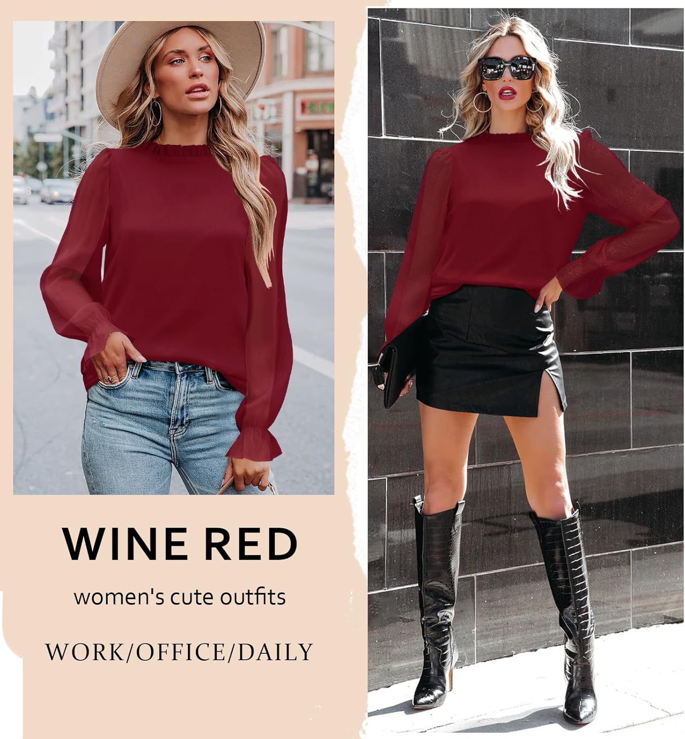 Aifer Womens Blouses Trendy Dressy Casual Tops Elegant Puff Long Sleeve Shirts Ruffle Mock Neck Plain Chiffon Outfits - Image 5