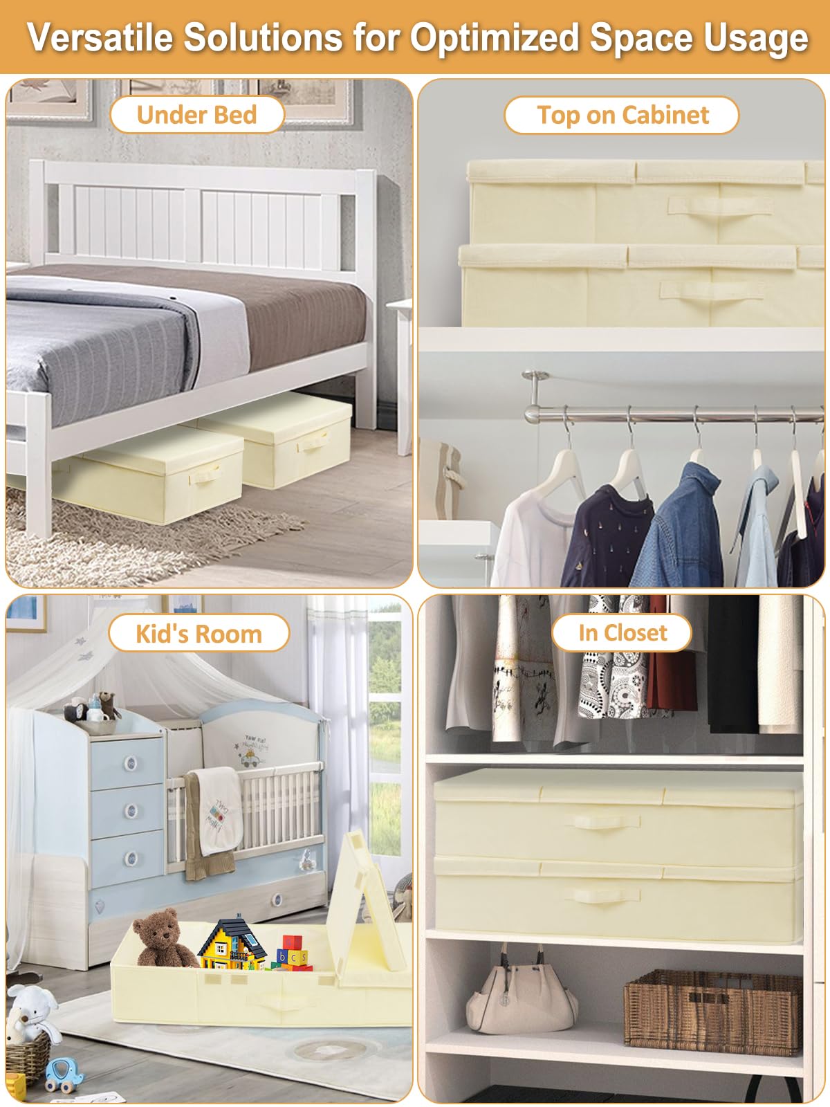 JUPELI Scatola portaoggetti da mettere sotto il letto, con coperchi, pieghevole, con maniglia, per riporre vestiti, coperte, scarpe, 2 pezzi (beige)