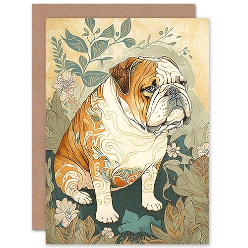 Artery8 Greeting Card - Bulldog with Ornate Pattern Fur Coat in Flower Field - Watercolour Art
