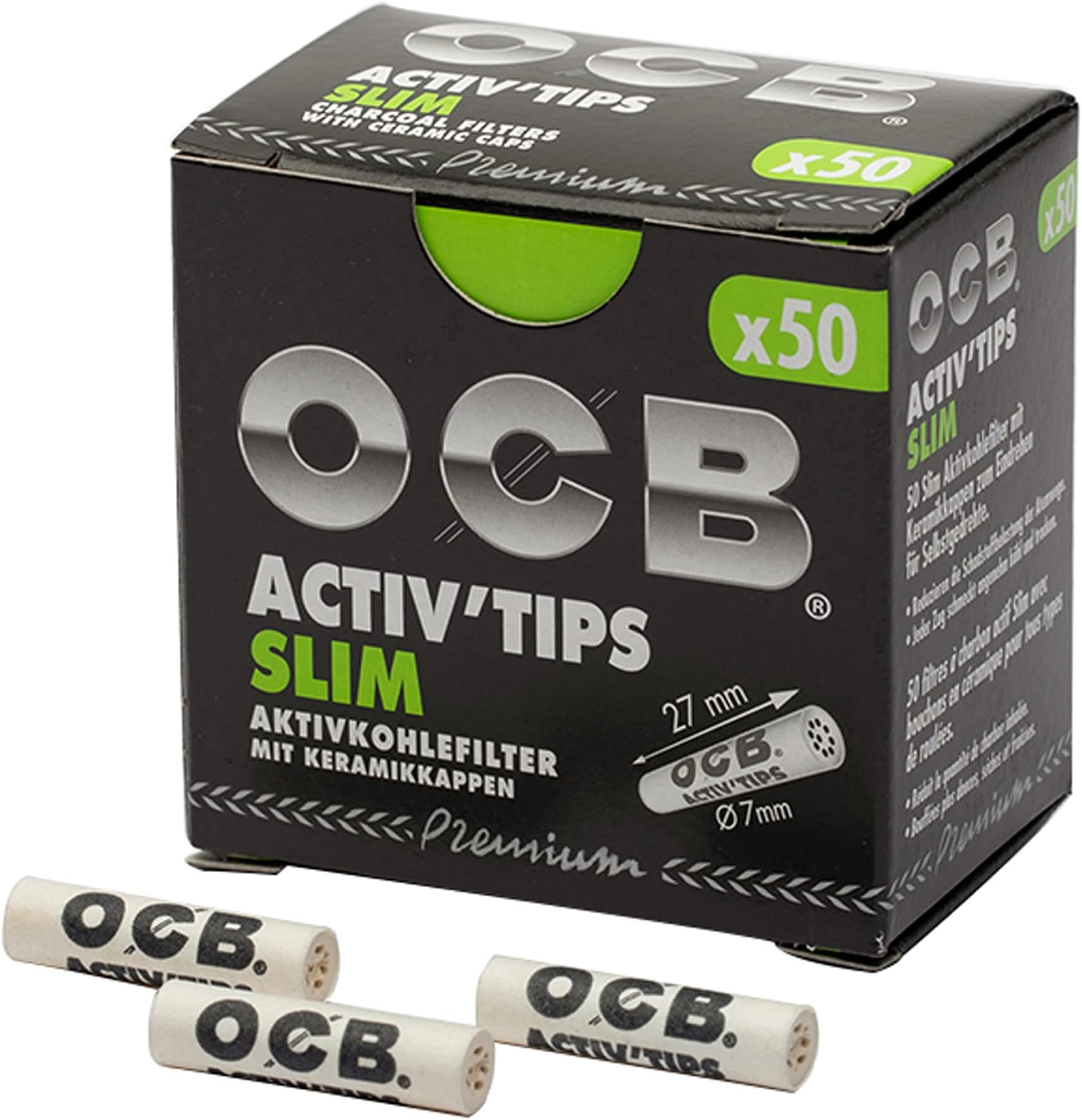 OCB France Auth. Seller RATTAN EXPO - OCB ACTIVATED CHARCOAL SLIM FILTERS WITH CERAMIC CAPS - Rolling Filter Tips/Smoking Filter Tips/Cigarette Filters Tips - 27mm x 7mm - 50 pcs (Pack of 1 box)