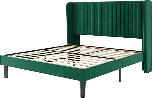 Miniatura 8 de SHA CERLIN Base de cama de terciopelo tamaño Queen con cabecera capitoné de canal vertical, plataforma tapizada con listones de madera, no necesita
