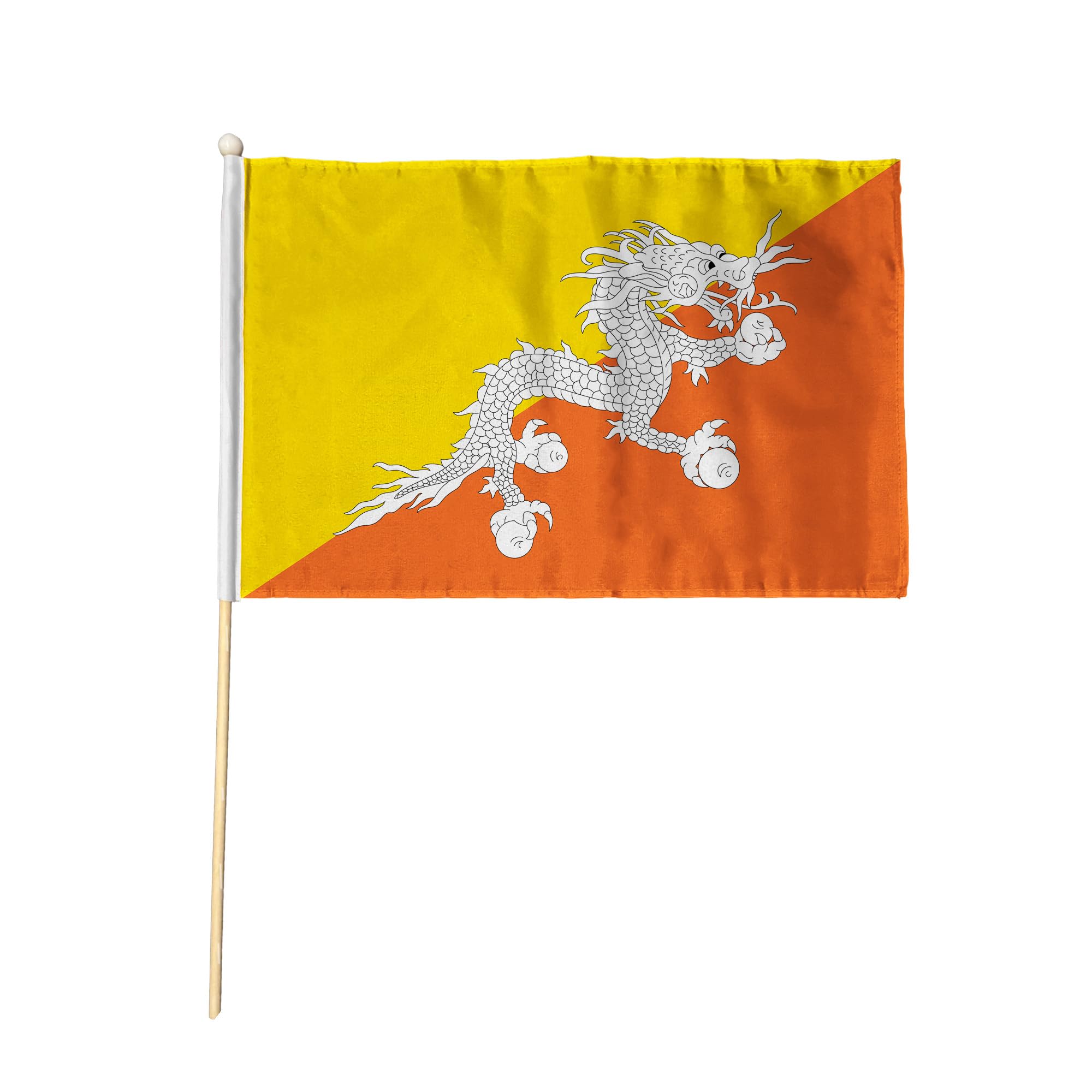Flagtex Bhutan Pack of 12 Hand Waving Flag (18x12 Inch Large) - Premium Wooden Stick Hand Flag Big Size Natural Wood Pole Bhutanese National Flag Events Parades Celebrations Cultural Festivals — image 1