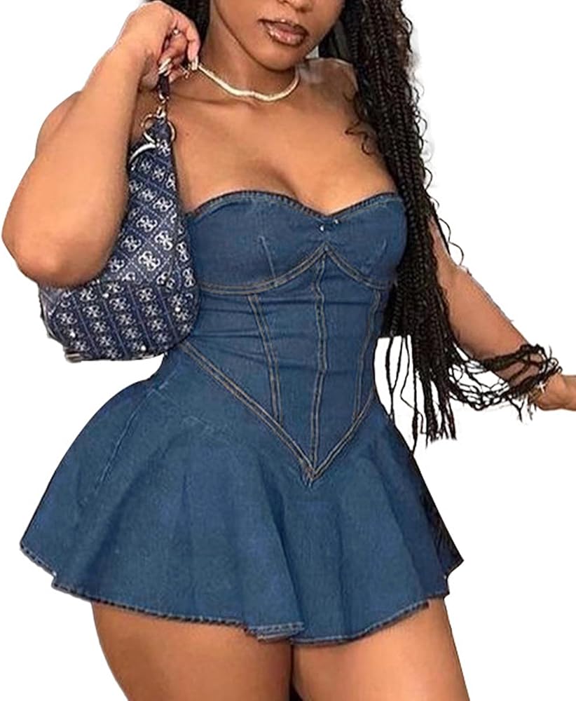 xxxiticat Women's Denim Tube Dress Sleeveless Pleated Skirt Hem