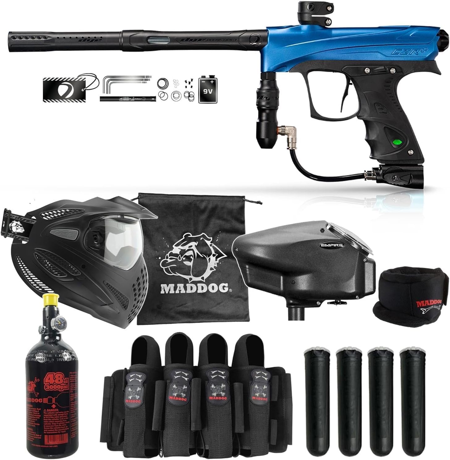 Maddog DYE CZR+ Full Auto Electronic Paintball Gun Marker Elite Starter Package | Thermal Anti-Fog Paintball Mask, HPA Tank, Empire Halo Too Loader, Neck Protector, Pro Paintball Harness & Pods