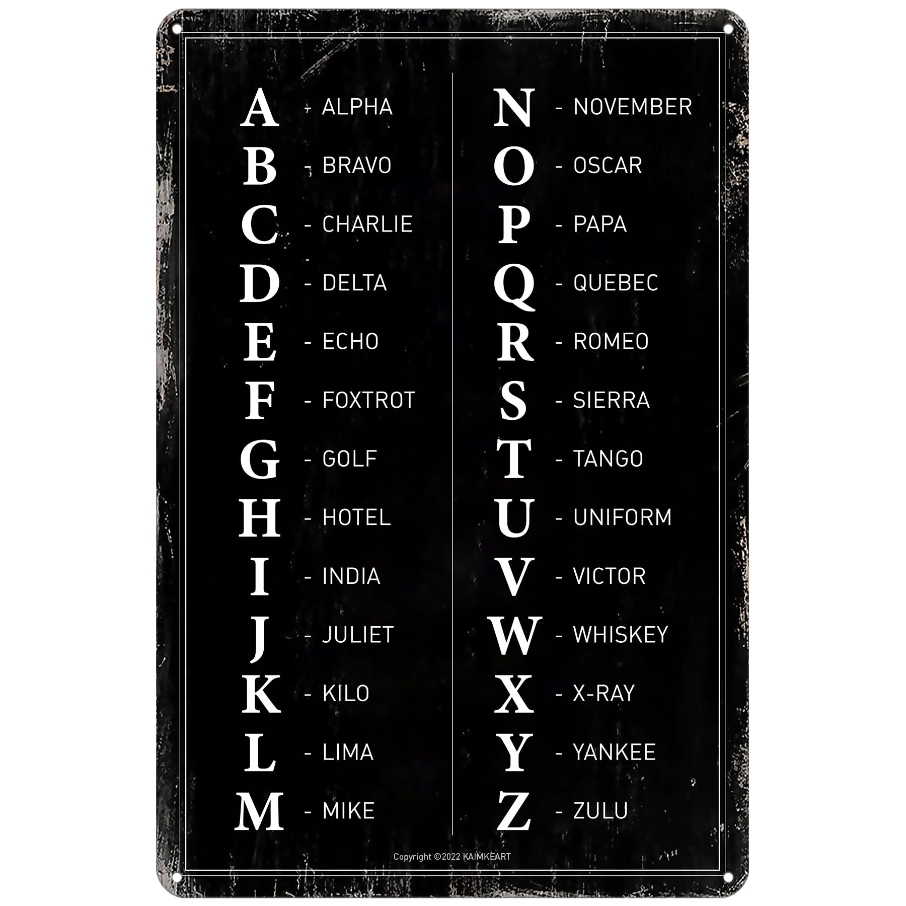 Phonetic Alphabet Poster - Retro Alpha Zulu Metal Sign - Aviation