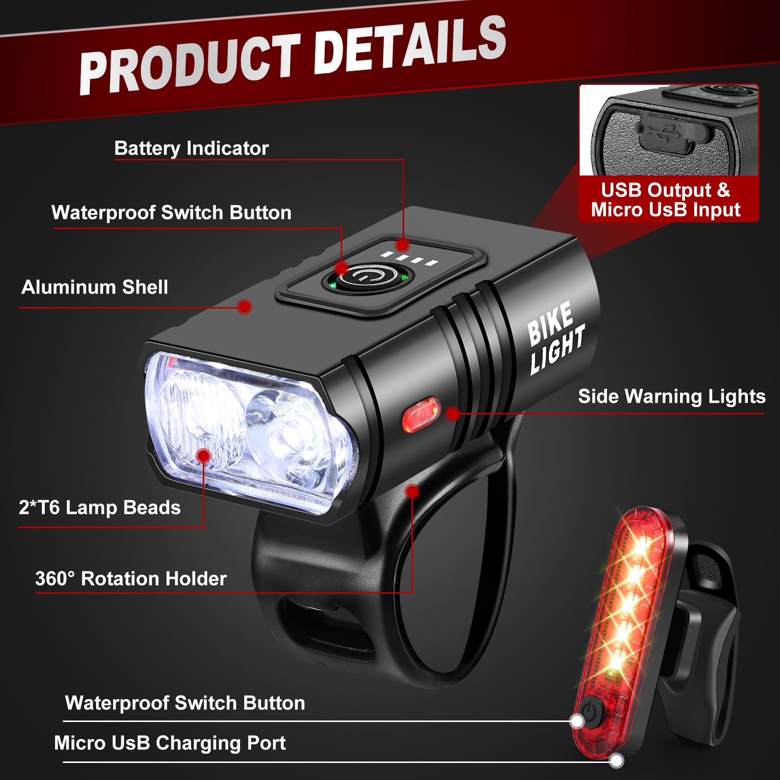 éclaiage VTT Nocturne Lampe Vélo Avant/Arrière Tellegante 6 LED - 1800 Lumens, 180° Visibilité, Rechargeable USB 4000mAh - Étanche IPX5 Pour VTT Et Ville Phare Velo