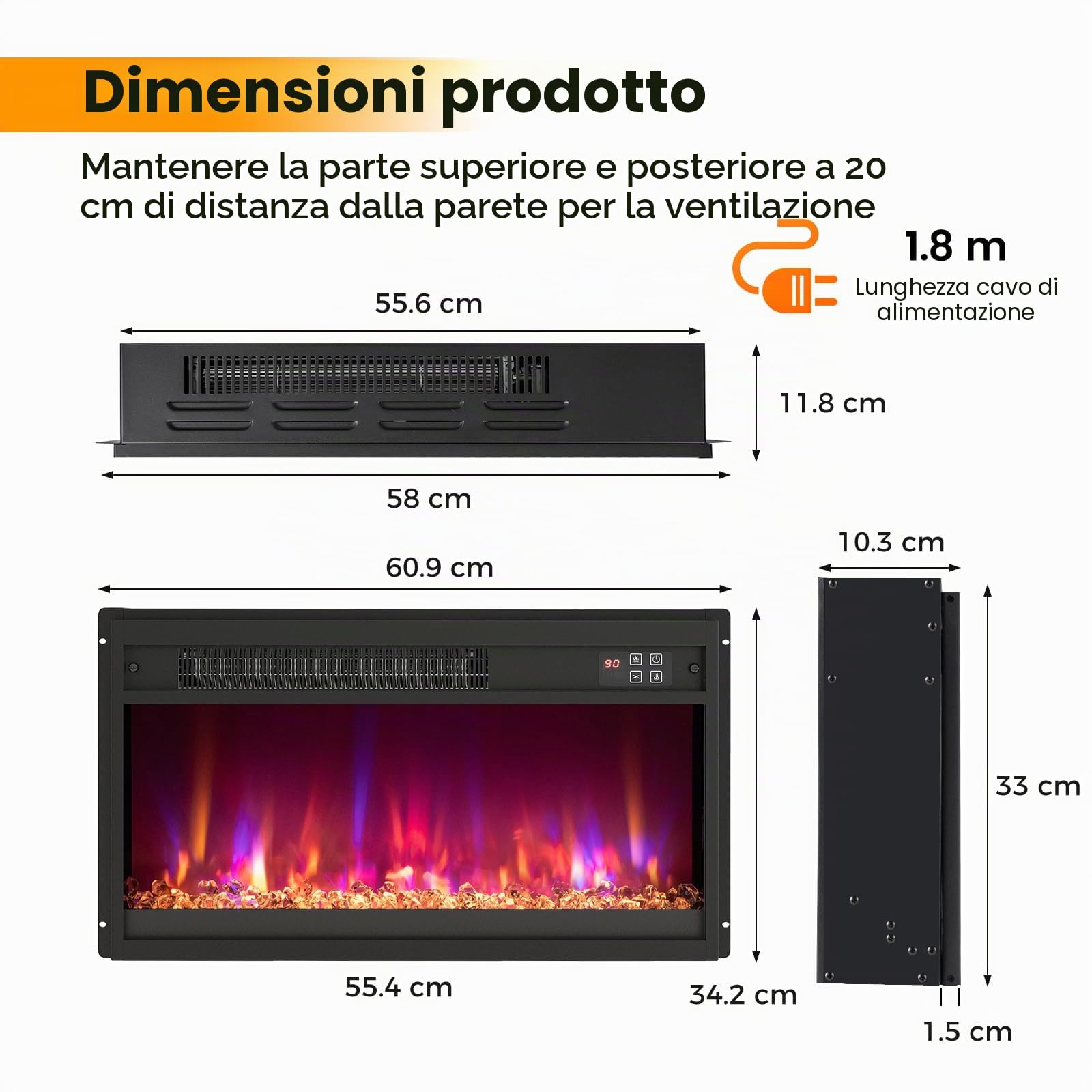 SOARS Camino Elettrico 1500W, Caminetto Elettrico con Effetto Fiamma LED a 8 Colori, 3 Livelli di Luminosità,17-32℃, Protezione Anti Surriscaldamento, Telecomando (60,9 X 11,8 X 34,2 CM)