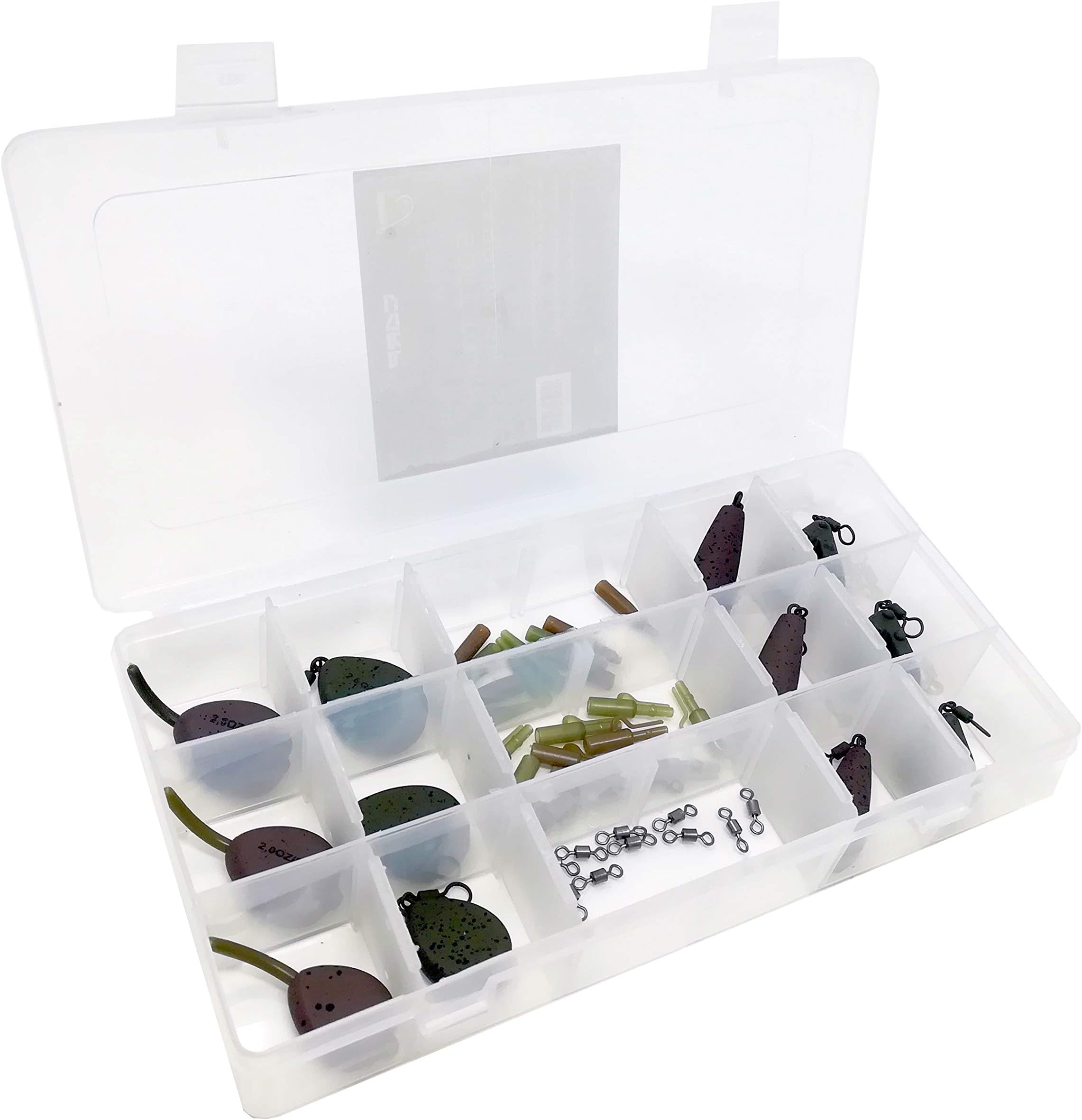 Tackle Box Set of 12 Quality Soft Touch Camo Carp Weights (Styles: In-Line Flat Pear, Swivel Flat Pear, Distance and Gripper) with Bolt Rigs & Swivels - Assorted Sizes and Colours [35-001]