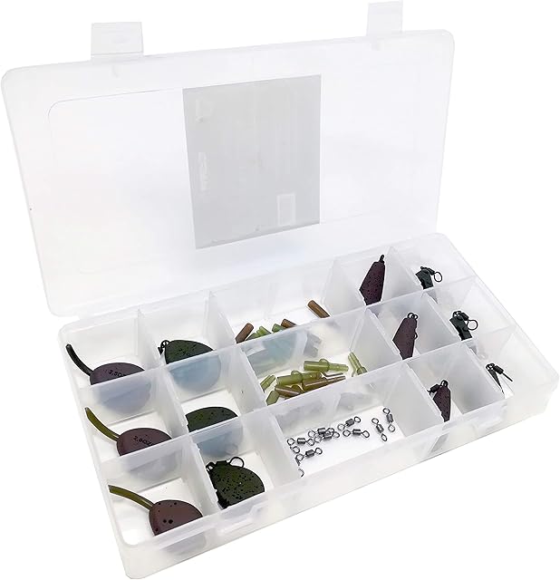 Carp On - Tackle Box Set of 12 Quality Soft Touch Camo Carp Weights (Styles: In-Line Flat Pear, Swivel Flat Pear, Distance and Gripper) with Bolt Rigs & Swivels - Assorted Sizes and Colours [35-001]