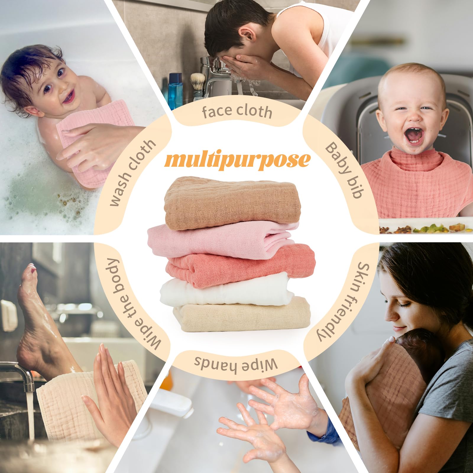 Muslin Burp Cloths 100% Cotton Baby Burp Cloths Soft, Absorbent 10x20 inches for Girls and Boys Baby Essentials - 5