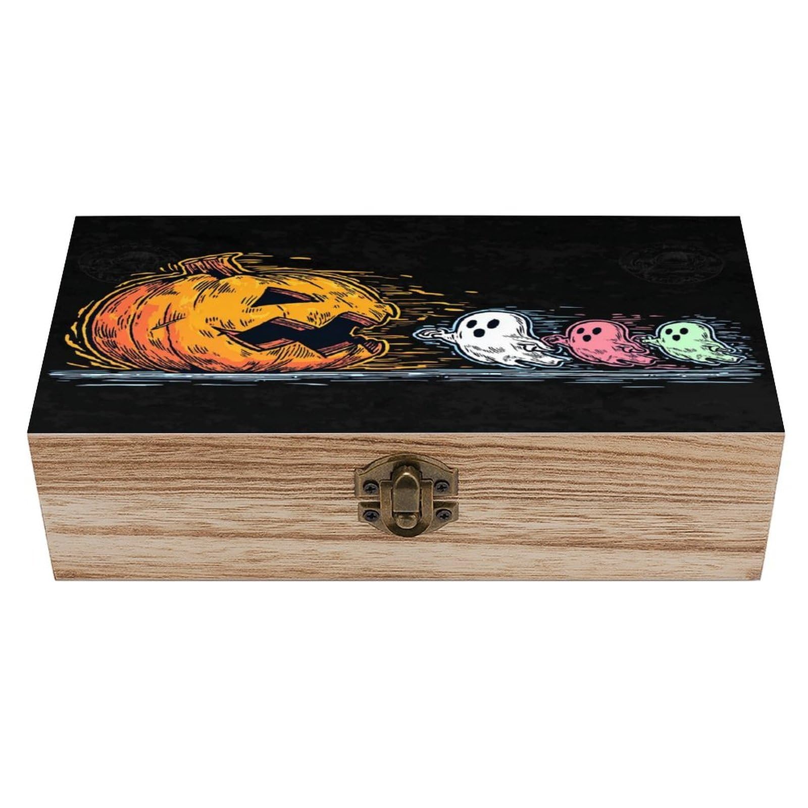 Funny Halloween Pumpkin Three Ghosts Wooden Storage Box with Hinged Lid