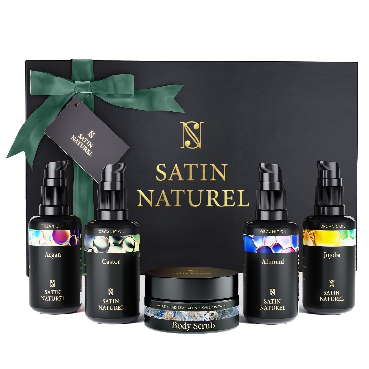 Satin Naturel Pampering Gift Set with Organic Argan Oil, Castor Oil, Almond Oil, Jojoba Oil & Dead Sea Salt Body Scrub - Luxury Gift Box Natural Cosmetics - Gift for Women