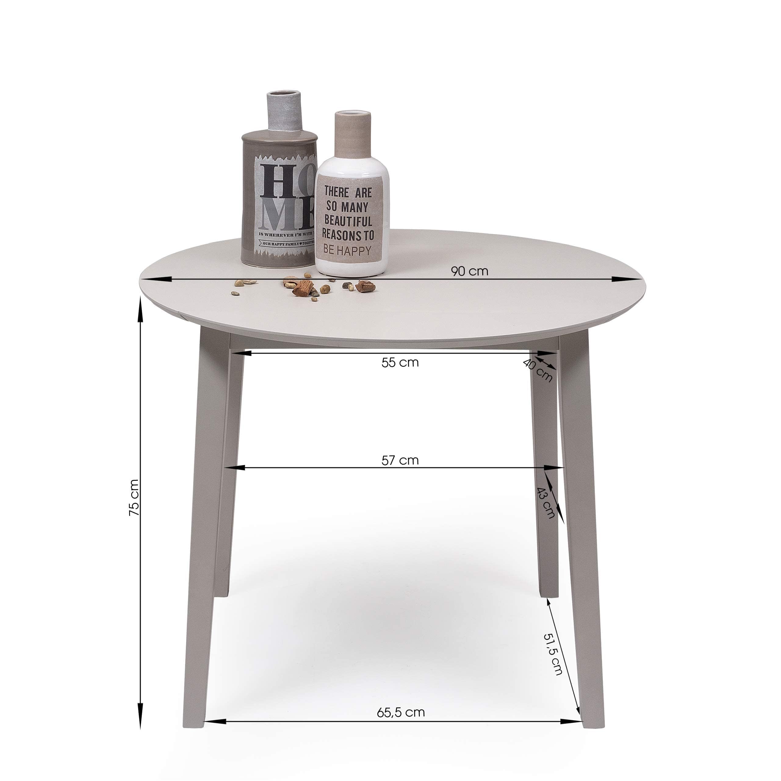 Homely | Mesa de Comedor o Cocina Extensible Redonda Dallas | Mesa Auxiliar | Diseño Sencillo y Moderno | Tres Tamaños Adaptables | Madera Lacada Color Gris | 90 cm de Diámetro 17,5/55/17,5 cm
