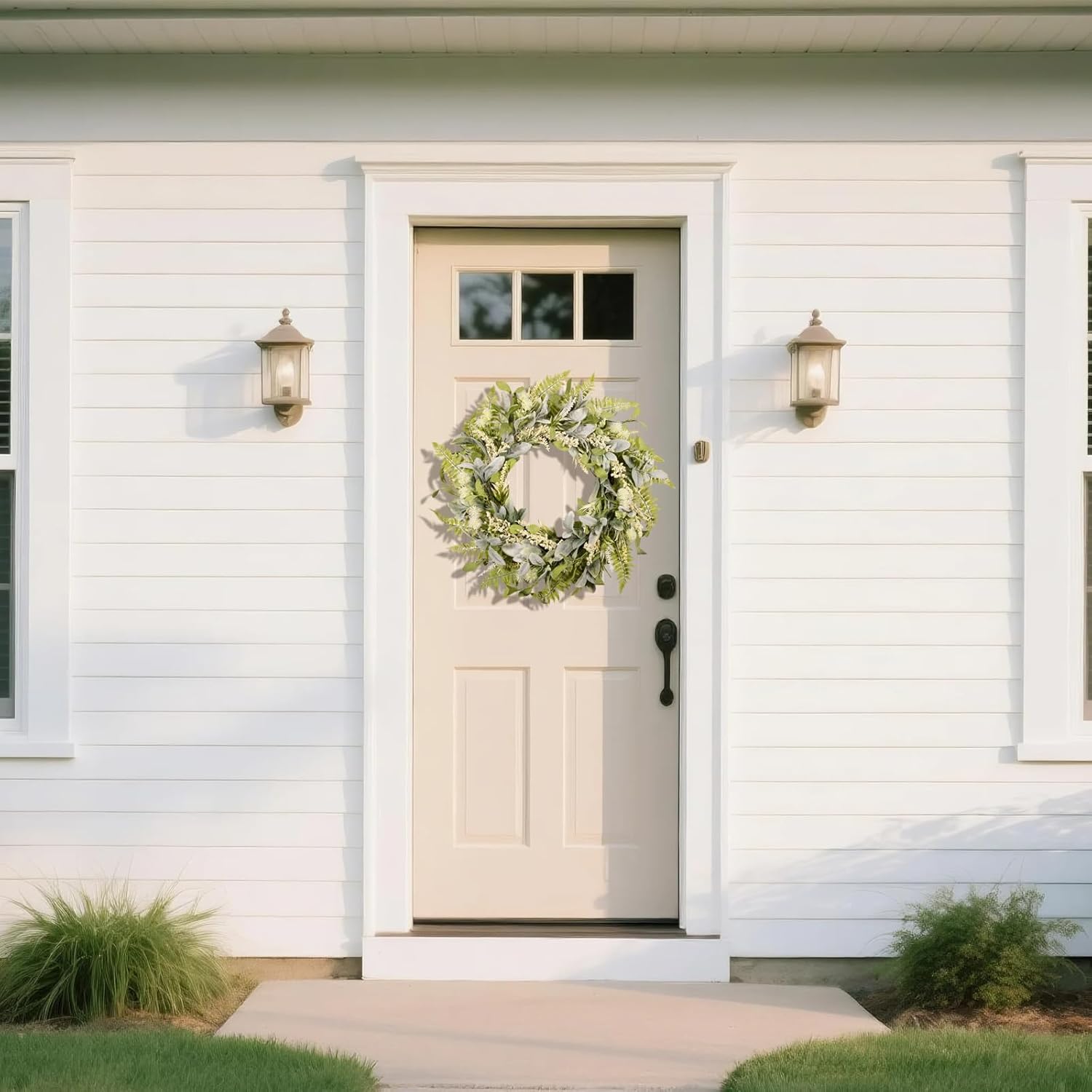 21 Inch Artificial Eucalyptus Wreaths for Front Door - Mixed Greenery Leaves Wreath with White Berries on Grapevine Base, All Seasons Farmhouse Decor for Porch, Window, Indoor & Outdoor - Image 5