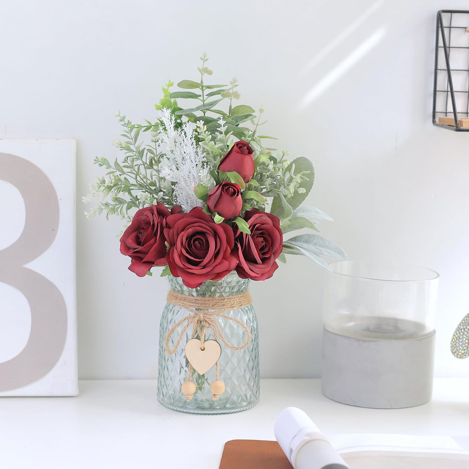 Faux Flowers with Vase,Artificial Silk Roses in Vase, Fake Plant Eucalyptus Flower Arrangement for Home Office Farmhouse Bathroom Dining Table Centerpiece Decorations Coffee Table Decor (Burgundy) - Image 5