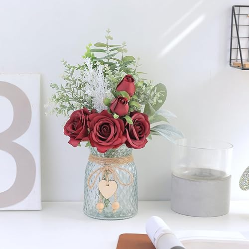 Miniatura 5 de Flores de imitación con jarrón, rosas artificiales de seda en jarrón, arreglo floral de eucalipto para el hogar, oficina, granja, baño, mesa de