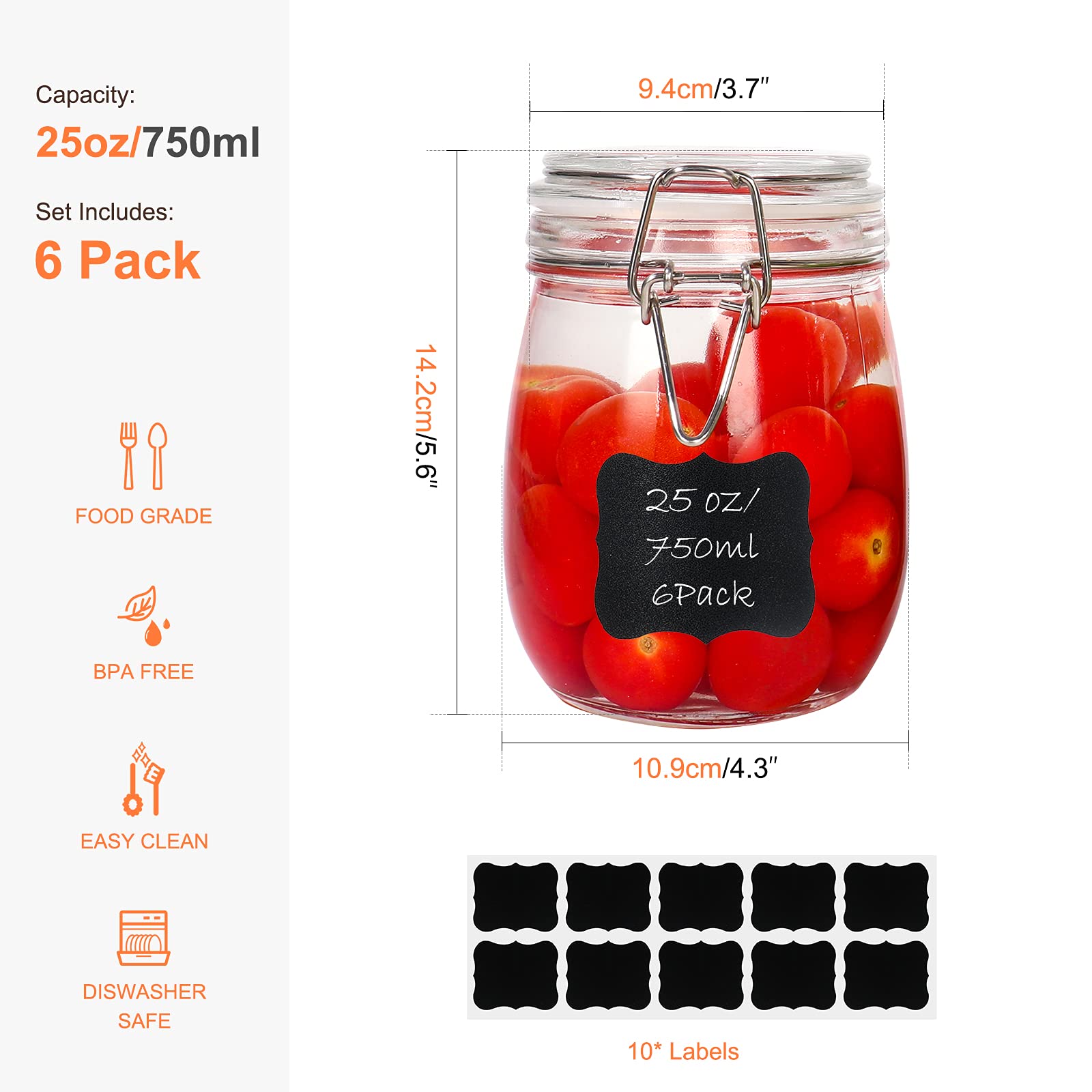Betrome Lot de 6 bocaux en verre avec couvercle hermétique en caoutchouc réutilisable pour confiture, café, thé, miel, haricots, épices