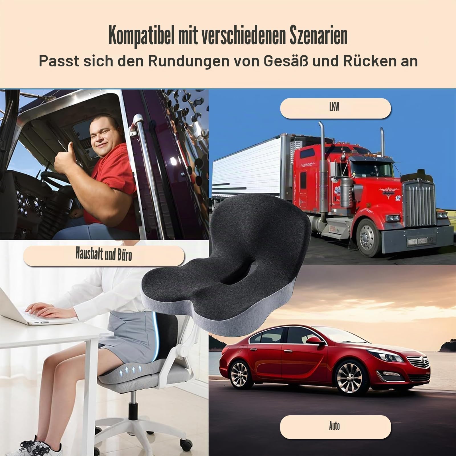 Ergonomisches Sitzkissen mit Rückenlehne, Sitzpolster für Bürostuhl & Auto, Sitzkissen mit Seitlicher Unterstützung für Entlastung von Rücken und Gesäßbereich