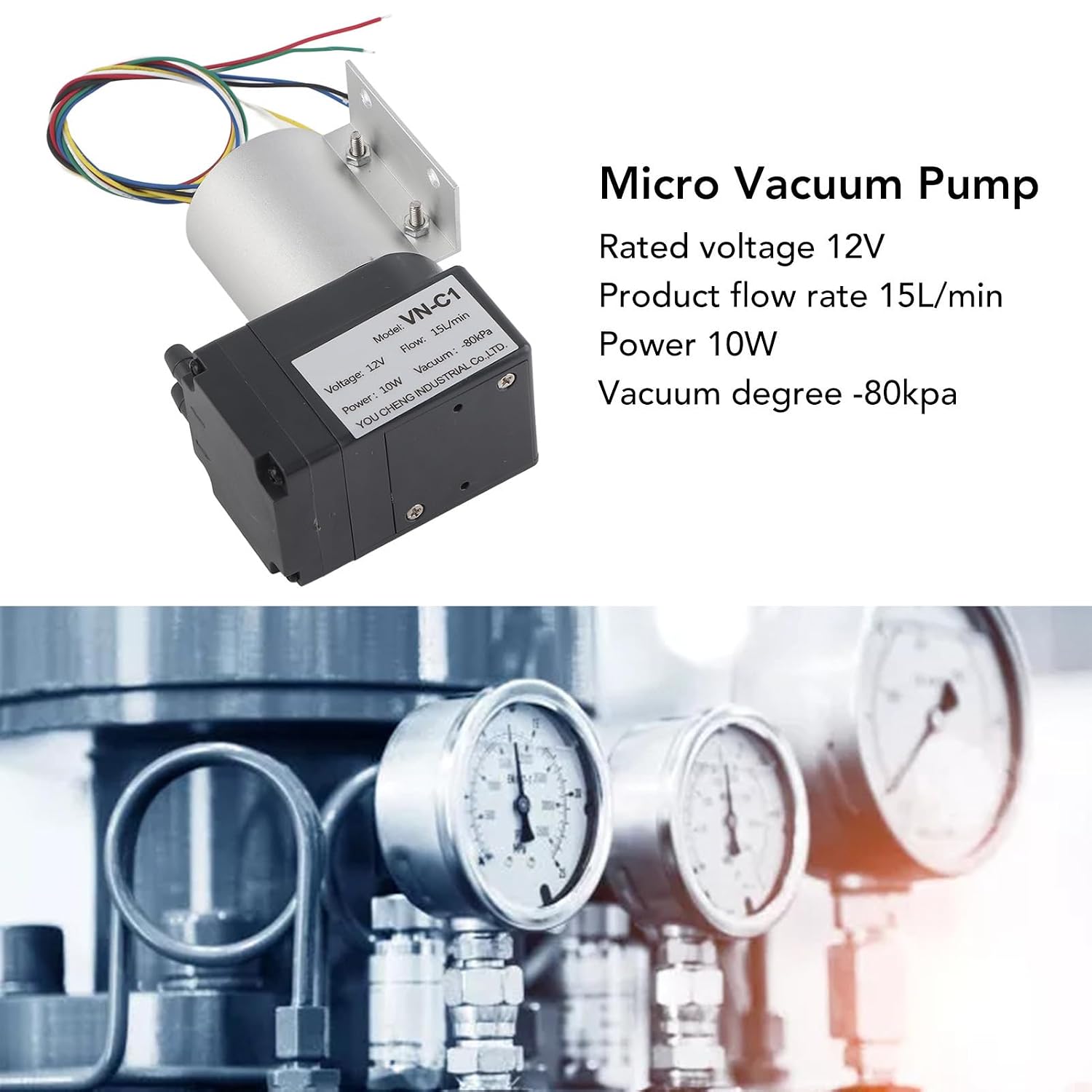 FLEXMAN Micro Vacuum Pump, DC 12V 10W 15L per Minute Brushless No Oil Diaphragm Pump, Low Noise Vacuum Pump for Gas Analysis Sampling, Instruments