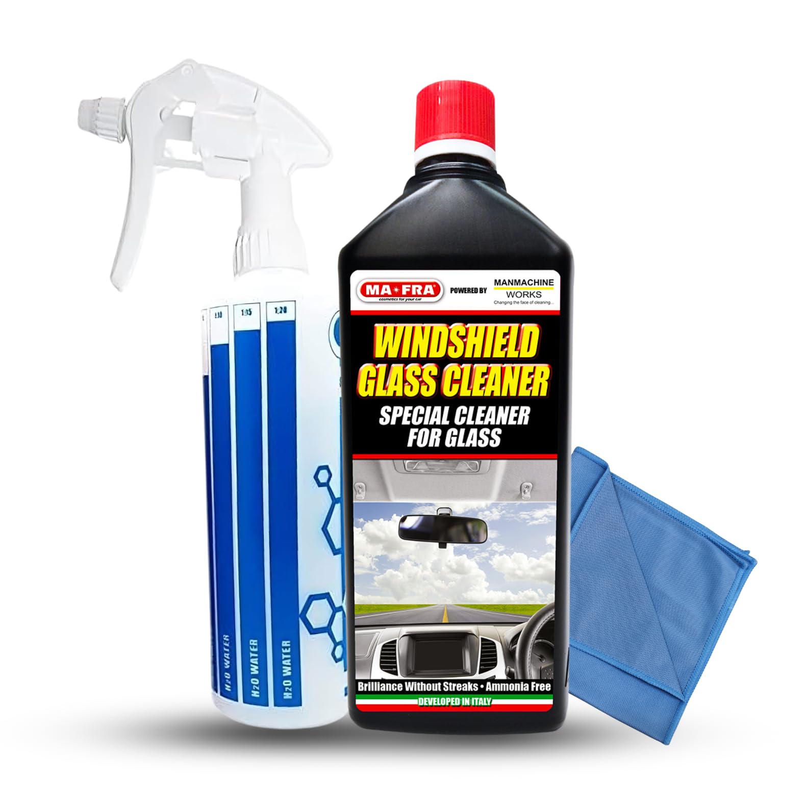 MAFRA Car Windshield Glass Cleaner Liquid (1L) Streak-Free Shine +500ml Empty Flacone Heavy Duty Car Detailing Spray Bottle+ MANMACHINE Microfiber 350gm Blue Glass Towel(40x40cm)-image-25