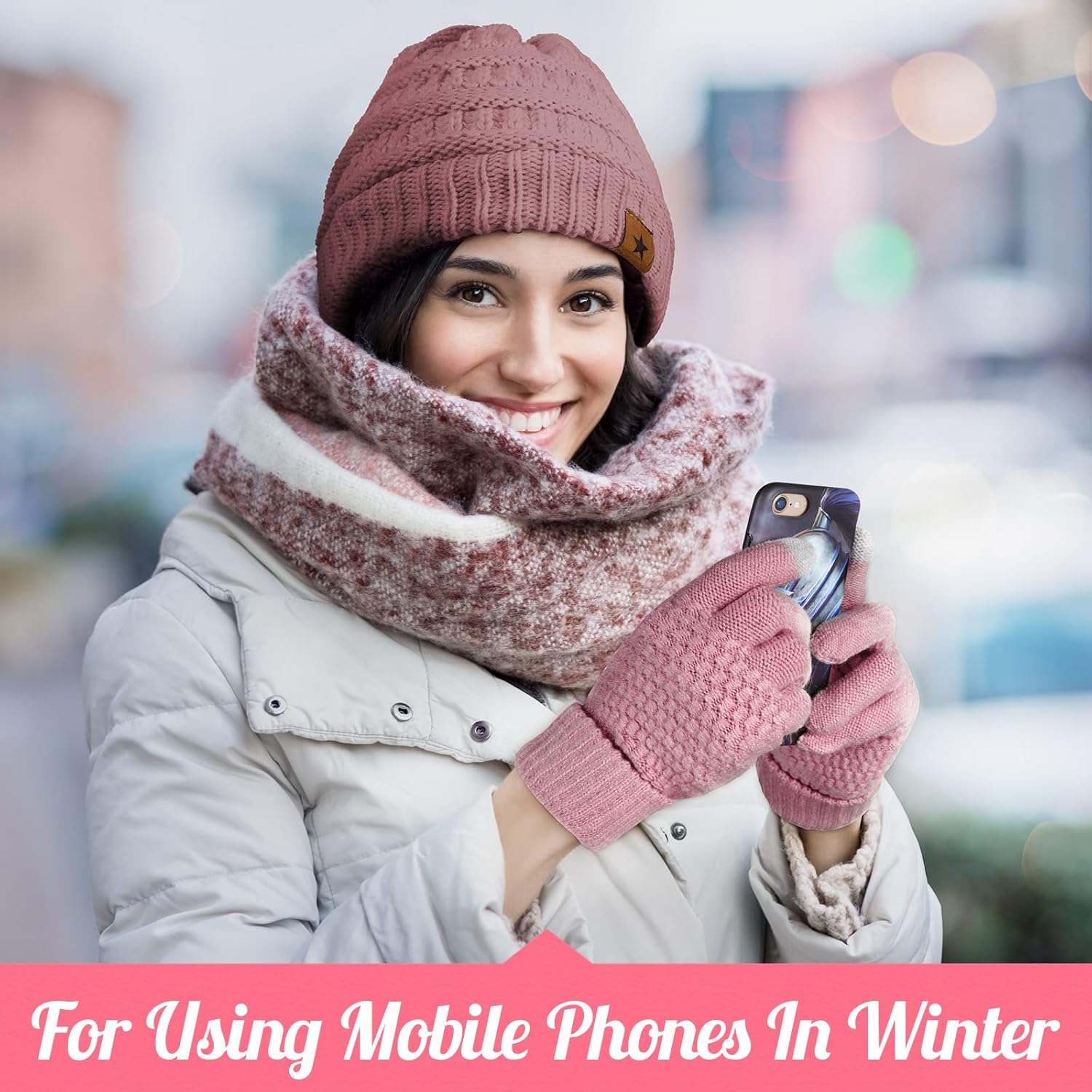 4 Pcs Winter Hat and Gloves for Women Fleece Lined Knit Beanie Touchscreen Gloves Warm Skull Hat Set for Cold Weather(Pink, Black) - Image 5