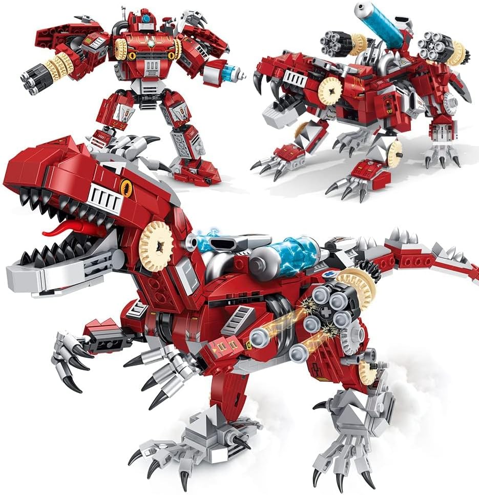 RiceBlock Transformed Dinosaur Building Block Set, 3-in-1 Tyrannosaurus Rex Construction Model, STEM Construction Toys for Boys Ages 7-14, 858 Pieces Red