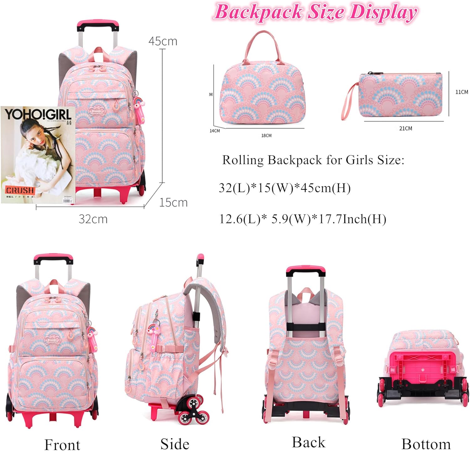 Girls Rolling Backpack Elementary Student Outdoor Travel Trolley Bag Bookbag with Wheels - Image 3
