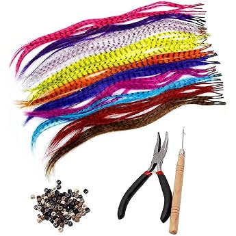 Lvcky Synthetic Hair Extensions Set with 52 Different Colors Synthetic Hair Extensions 100 Beads Pliers and Hooks Bright and Pretty Mixed Colors
