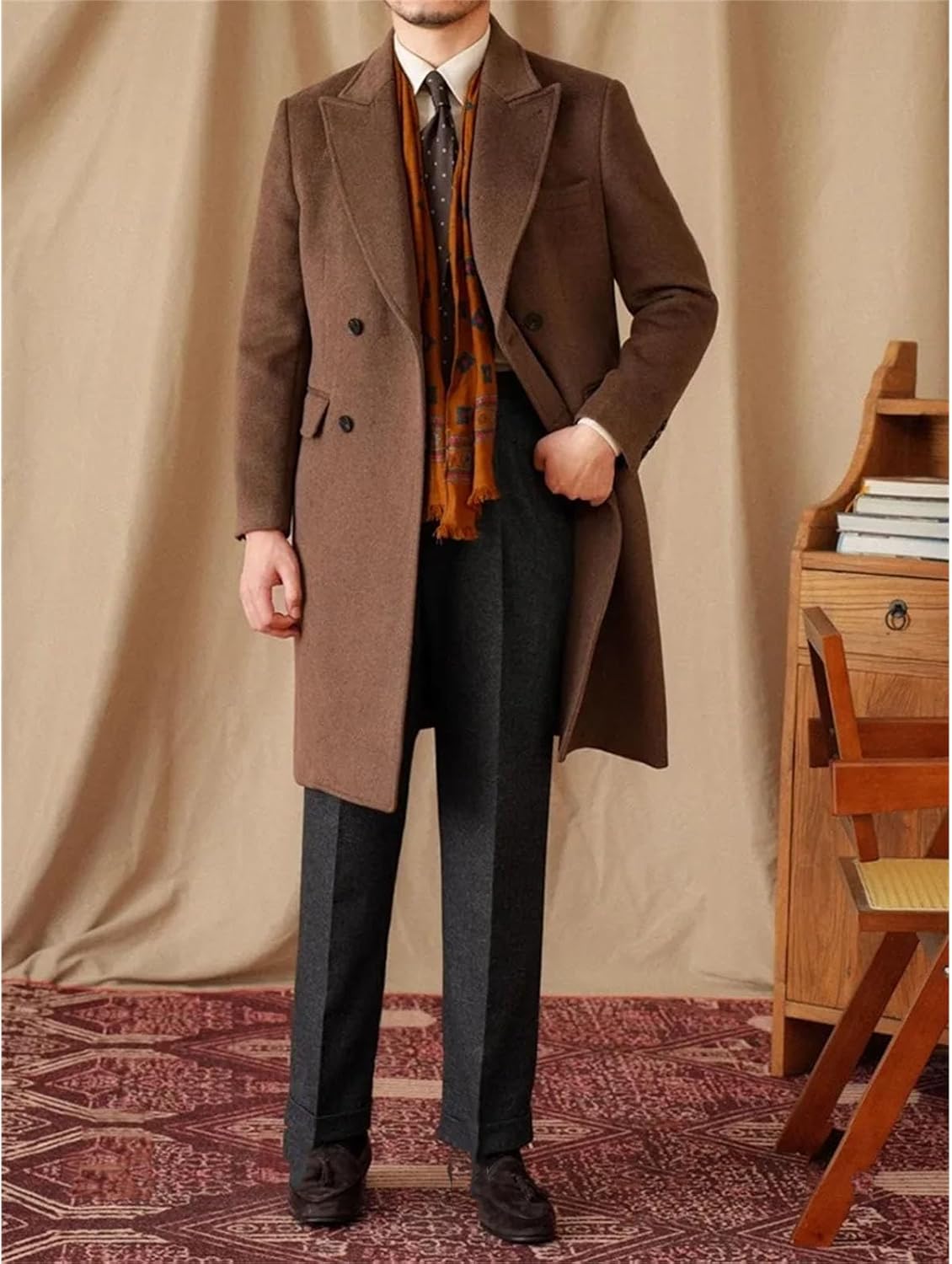 Men's Wool Coat Retro Double-Breasted Casual Jacket Daily Woolen coat