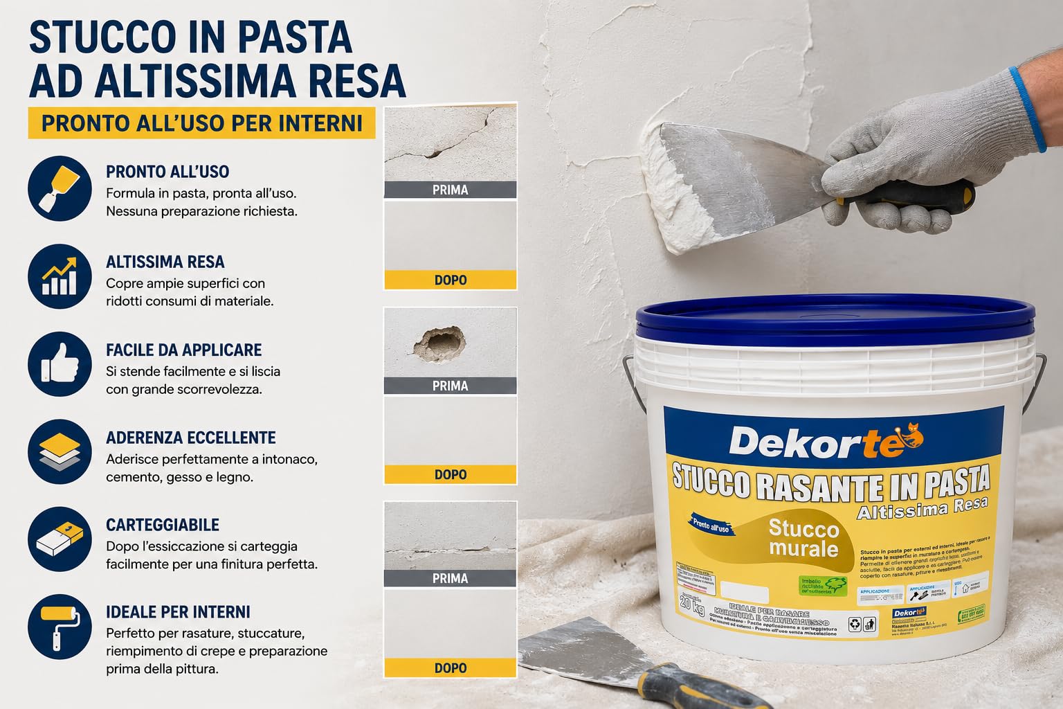 GDM 600016609800820-Stucco Rasante In Pasta, Ideale Per Rasatura Di Pareti Interne, Dekortè, Colore: Bianco, 20 kg