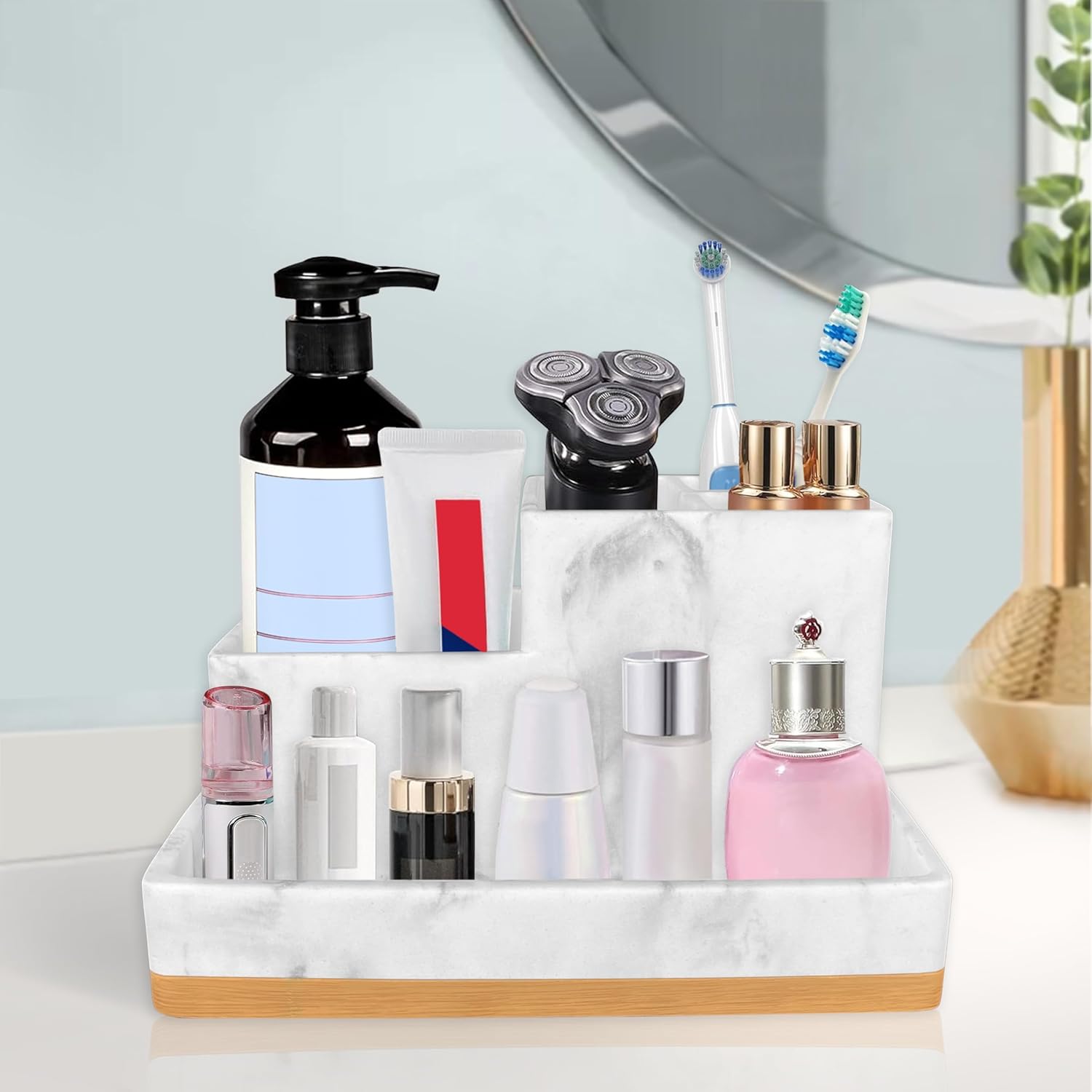 Bathroom Countertop Organizer with Tray, Large Size Toothbrush Holder Organizer, Vanity Storage for Bathroom, 5 Different Size Compartment, Resin in White Marble Bamboo Bottom