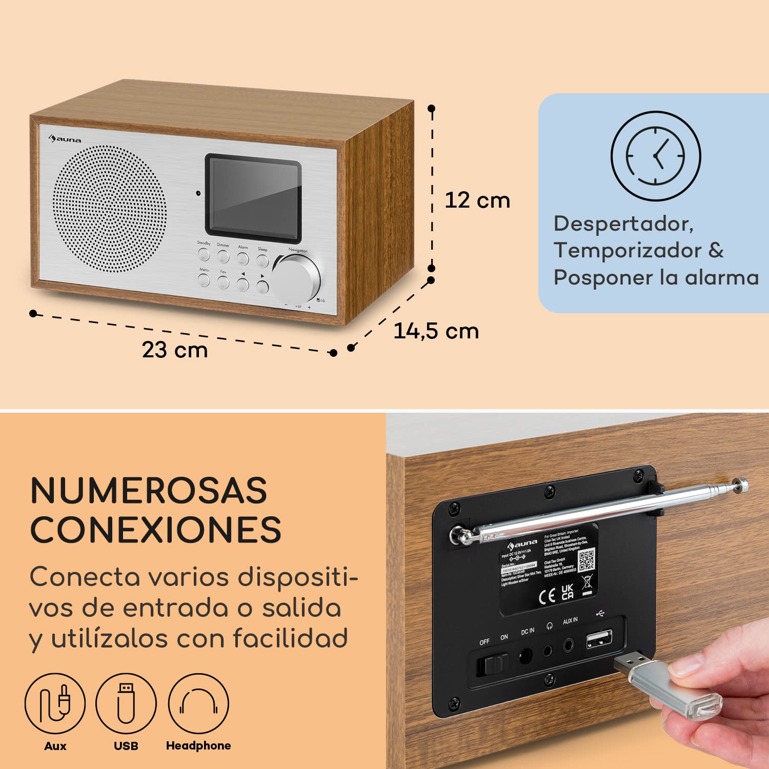 Auna Radio Portatil Pequeña, Digital con Bluetooth Recargable, Transistores Radio FM Pequeños Dab/Dab+, Altavoces Estéreo con Pantalla HCC, Streaming, con Despertador, y 5h de Duración, Mini Radio