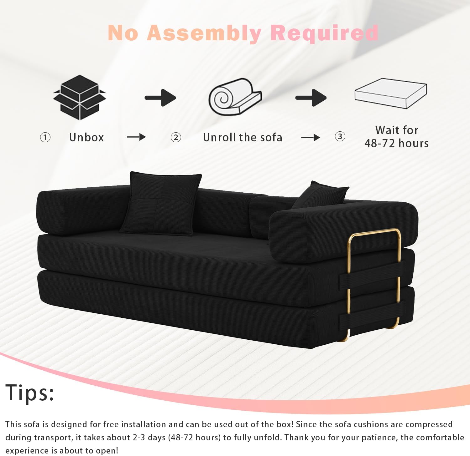 78" W Corduroy Convertible Sofa Bed, Futon Couch with Fixed-Shape Frame, Folding Pull Out Futon Sofa, Boneless Loveseat Couches for Living Room, No Assembly Required (Black)