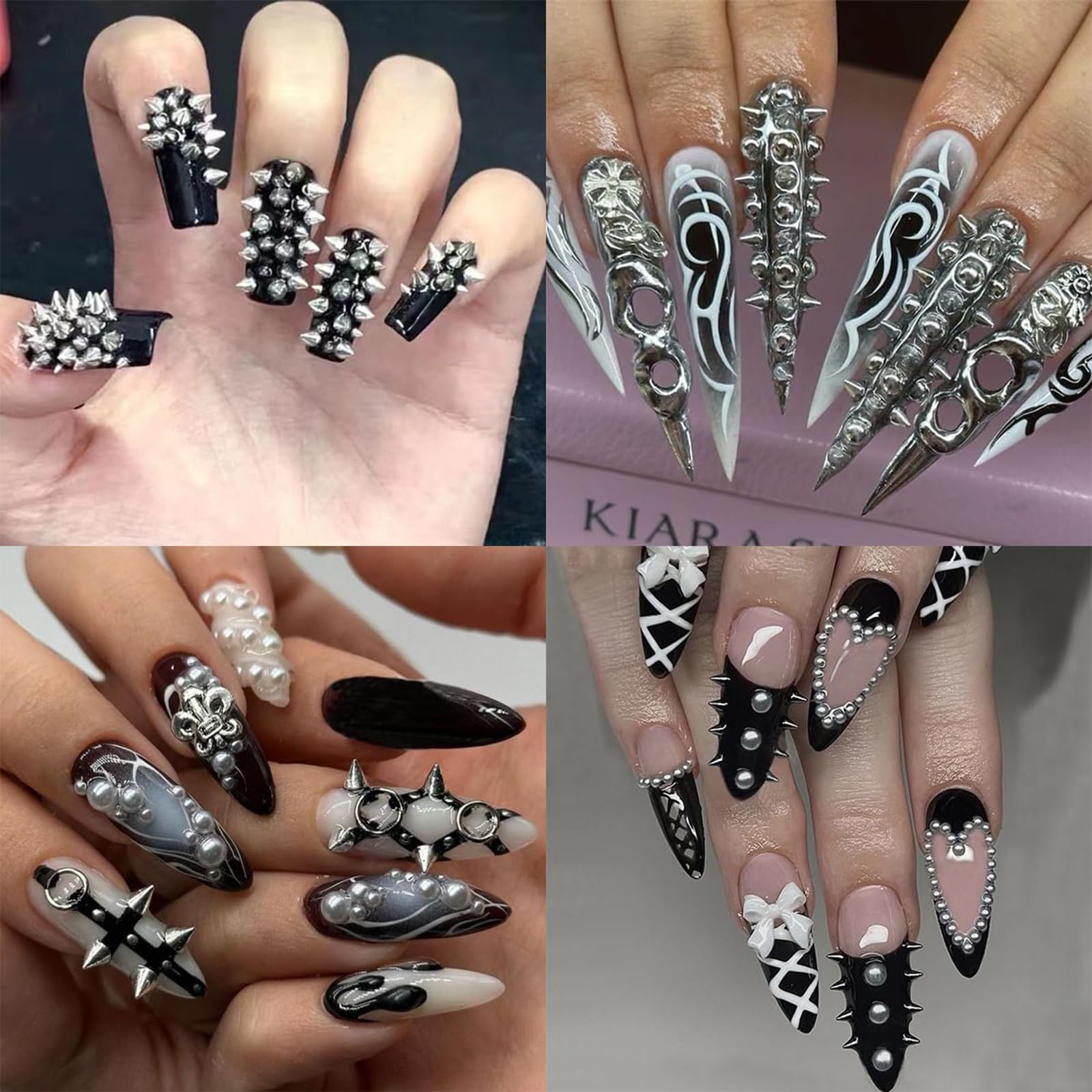 12 pudełek gotyckich zawieszek do paznokci, mini kolce do paznokci, punkowe ćwieki, styl wiktoriański i Halloween, manicure, dekoracje do paznokci, płaskie, metaliczne kolce 3D