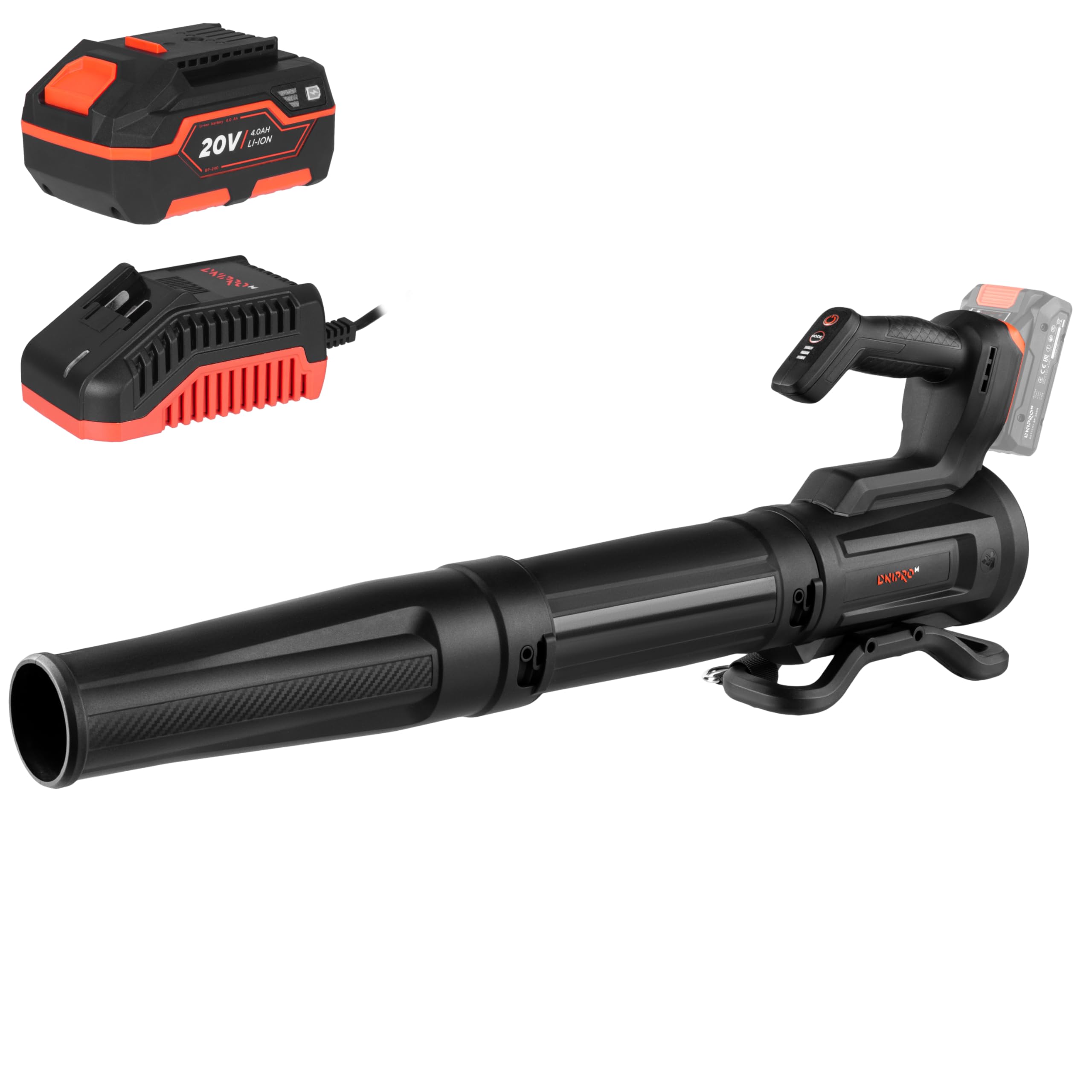 Soplador de Hojas a Batería 20V, Motor Brushless, 50 m/s, 3 Velocidades, 610 m³/h, Ligero 1,3 kg, Incluye Batería 4Ah y Cargador. DCB-201BC