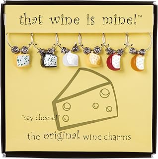 Wine Things Say Cheese Wine Charms, Zinc Alloy Wine Glass Tags for Stem Glasses, Drink Markers Identifiers for Parties, Tastings, and Entertaining, Multicolor, Set of 6