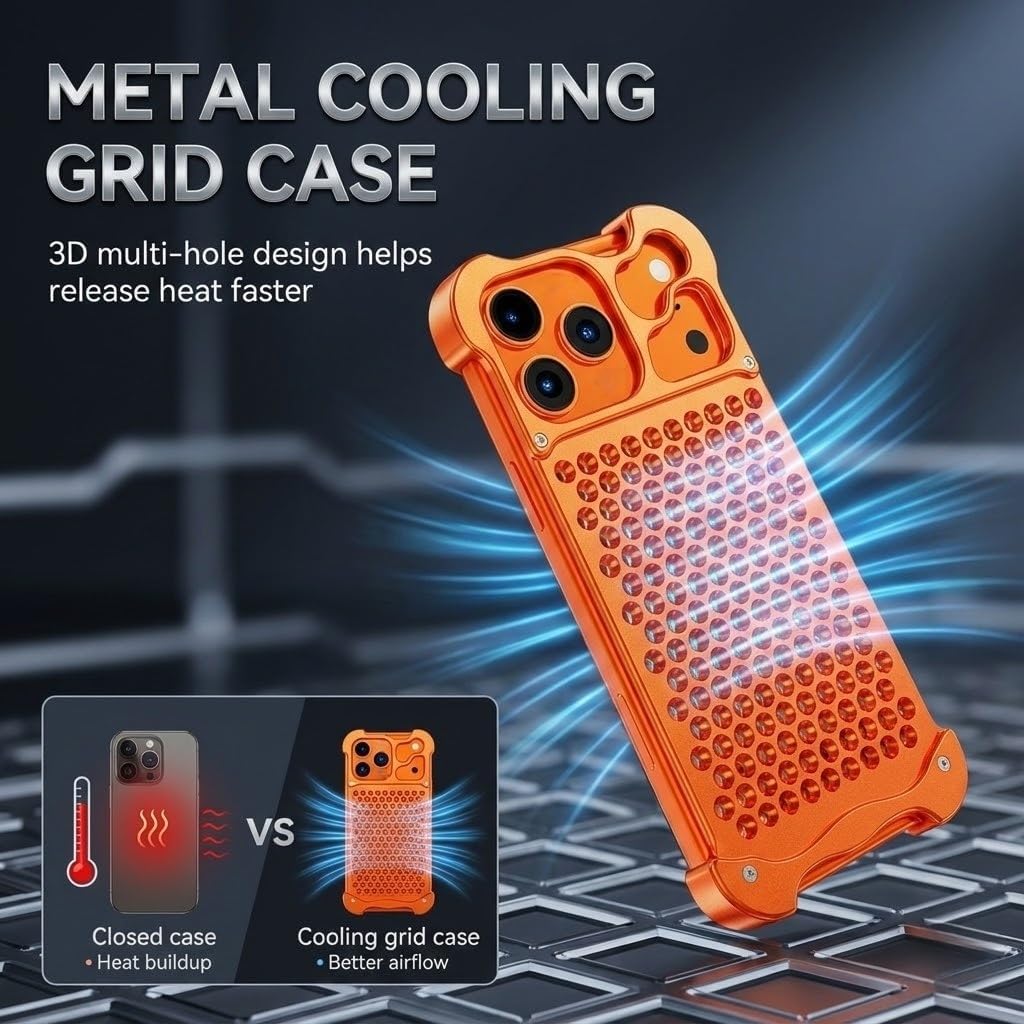 CNC Aluminum Cooling Case for iPhone 17 Pro Max/17 Pro/17 Air/17, Heat Dissipation for Gaming, 3D Honeycomb Mesh, Screw-Lock Metal Armor, Heavy Duty Bumper(Orange,17 Pro Max)
