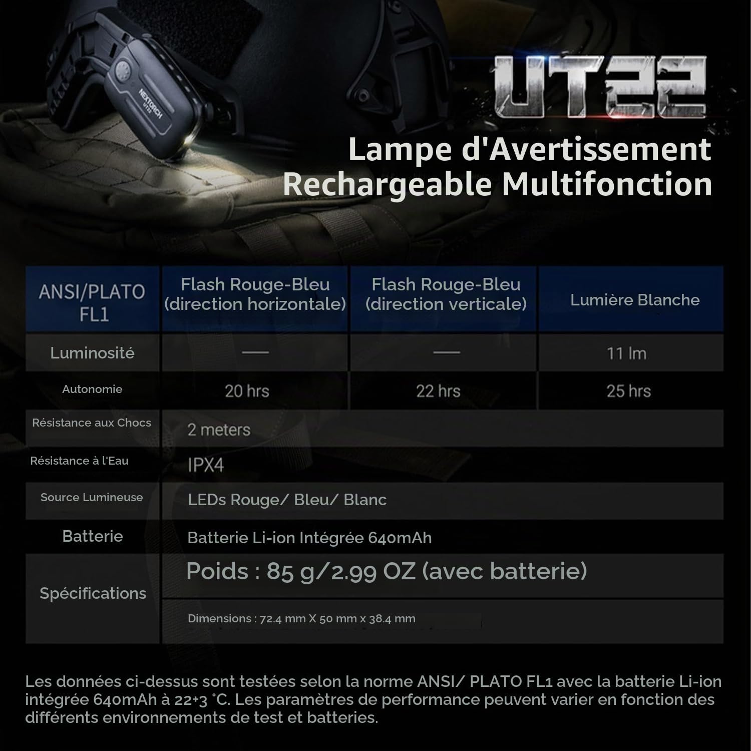Detailed specifications table for the NEXTORCH UT22, including luminosity, runtime, resistance, light source, battery, and dimensions.