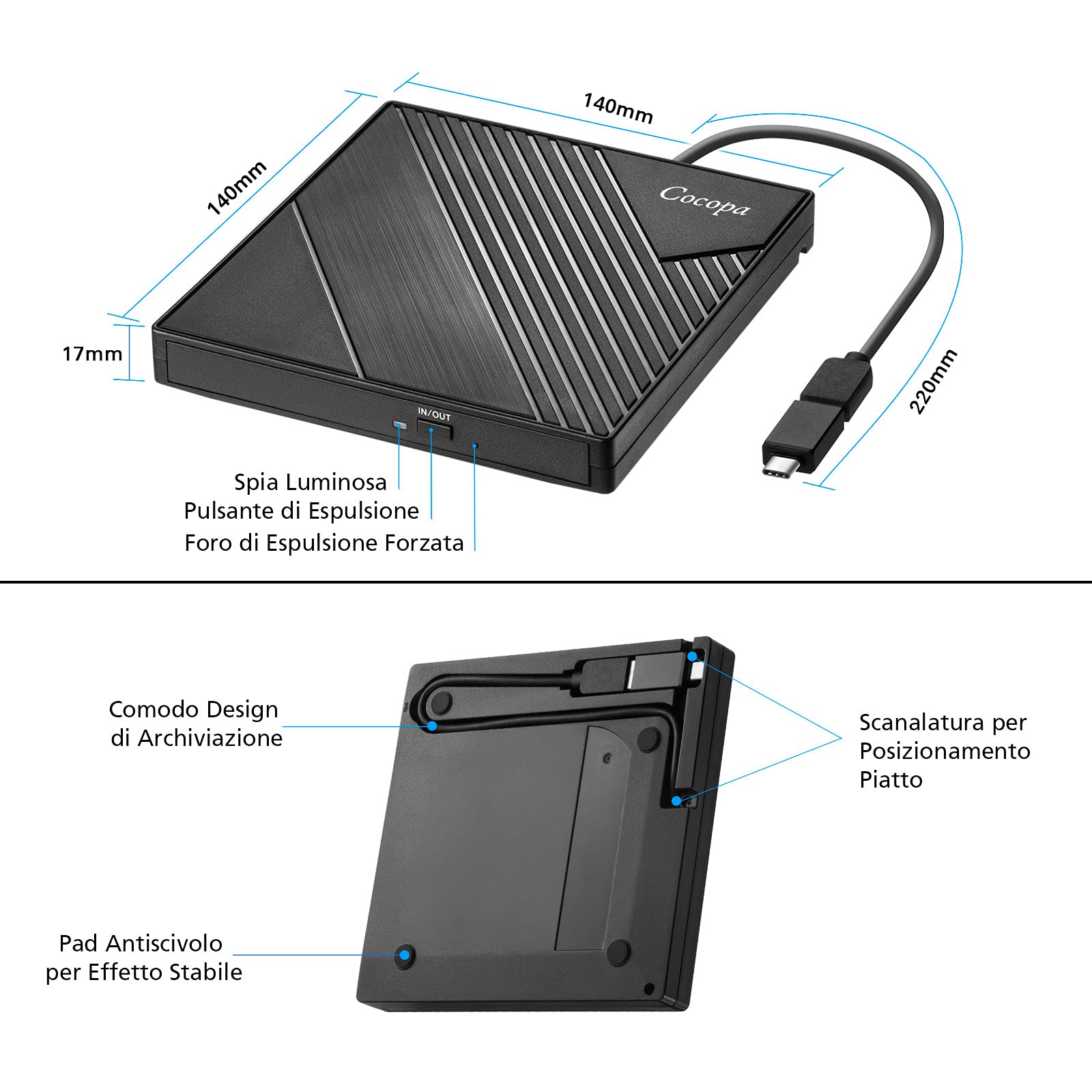 Cocopa Masterizzatore CD DVD Esterno USB 3.0 USB C, Lettore DVD Esterno Unità CD Esterna +/- RW Rom Dvd-R CD-RW Ultra Slim per Laptop PC Portatile Win 11/10/8/7/XP/Vista/Linux/Mac OS Apple