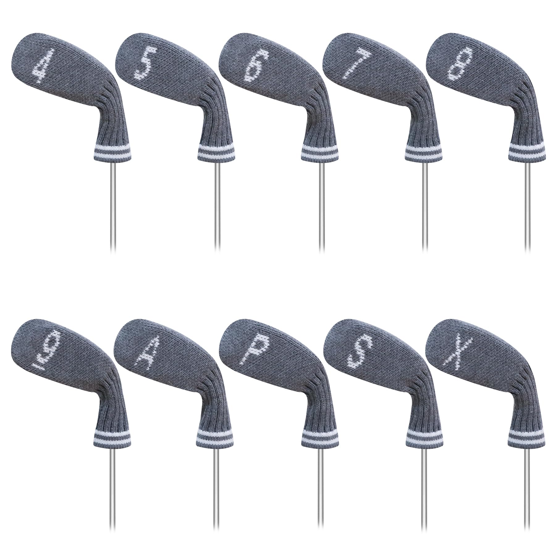 LeFeng 10 Pieces 4-9/A/P/S/X Knitted Golf Iron Head Covers Set Lightweight and Durable Material Multiple Patterns Golf Club Head Covers (Grey)