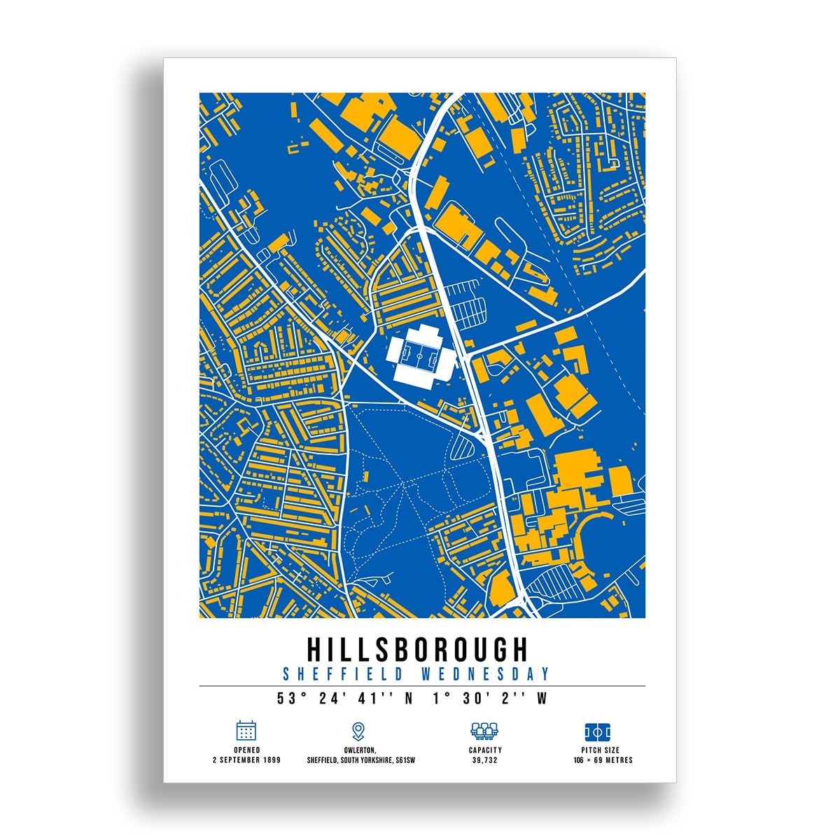 Mounted Gifts Trading Hillsborough Stadium Map Minimalist A4/A3 Poster Photo Print Framed Gift Sheffield Wednesday (A3 Poster Only)