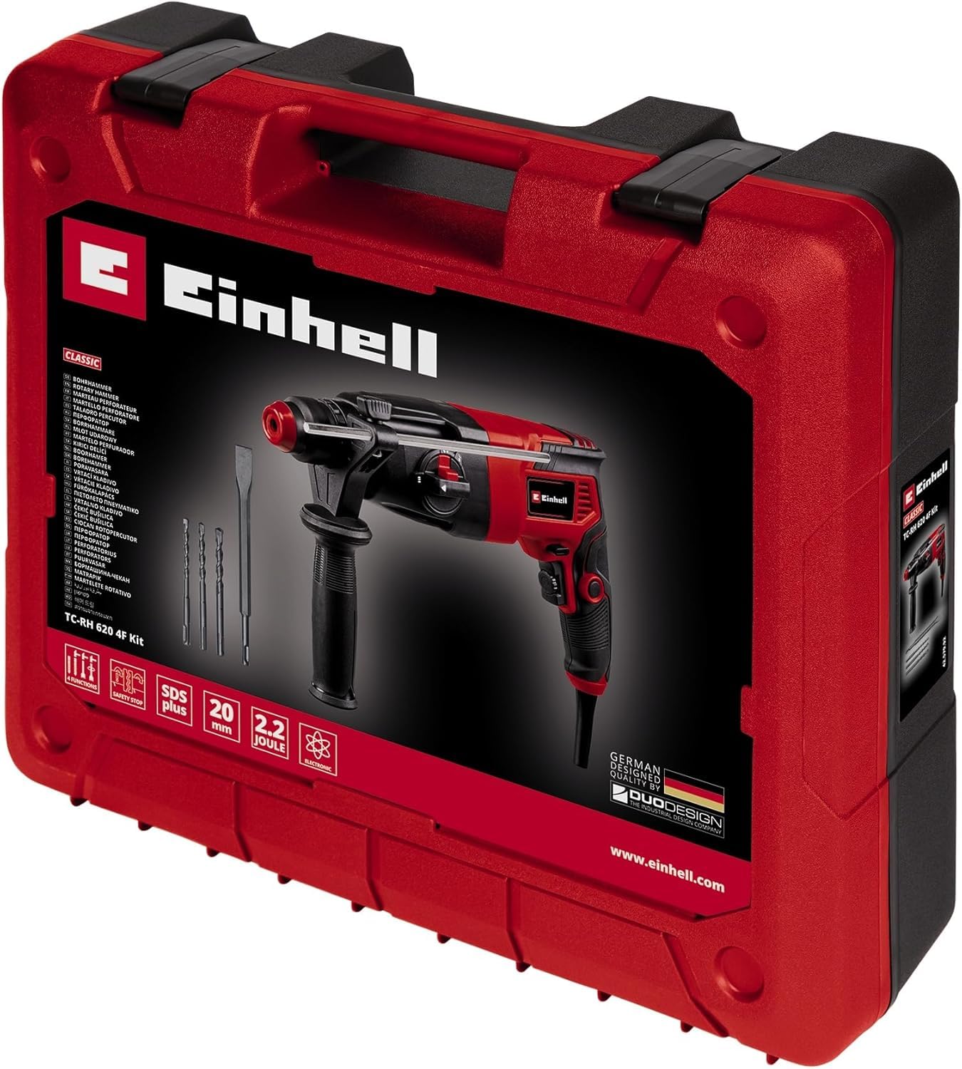 Einhell Bohrhammer TC-RH 620 4F Kit (620 W, pneumatisches Schlagwerk, 2,2 J Schlagstärke, Hammerbohren, Bohren, Meißeln mit & ohne Fixierung, SDS-Plus, Dauerlaufarretierung)