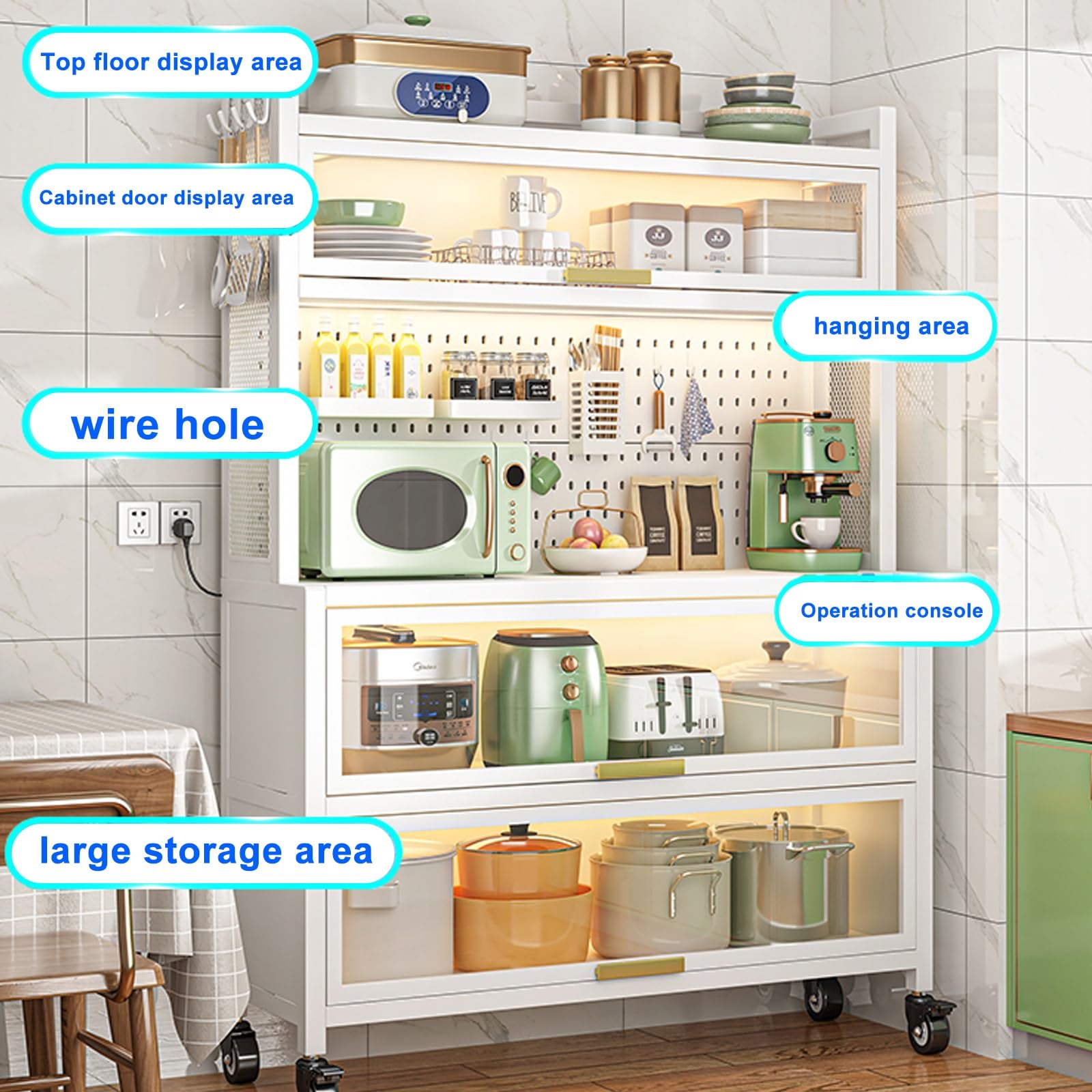 Kitchen Storage Cabinet - Bakers Rack Countertop, Microwave Oven