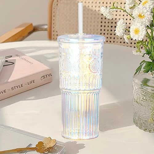 Miniatura 5 de Bandesun Taza de café helado de vidrio con tapas y popotes, vaso de vidrio de borosilicato de 24 onzas arcoíris para bebidas de jugo de batido de