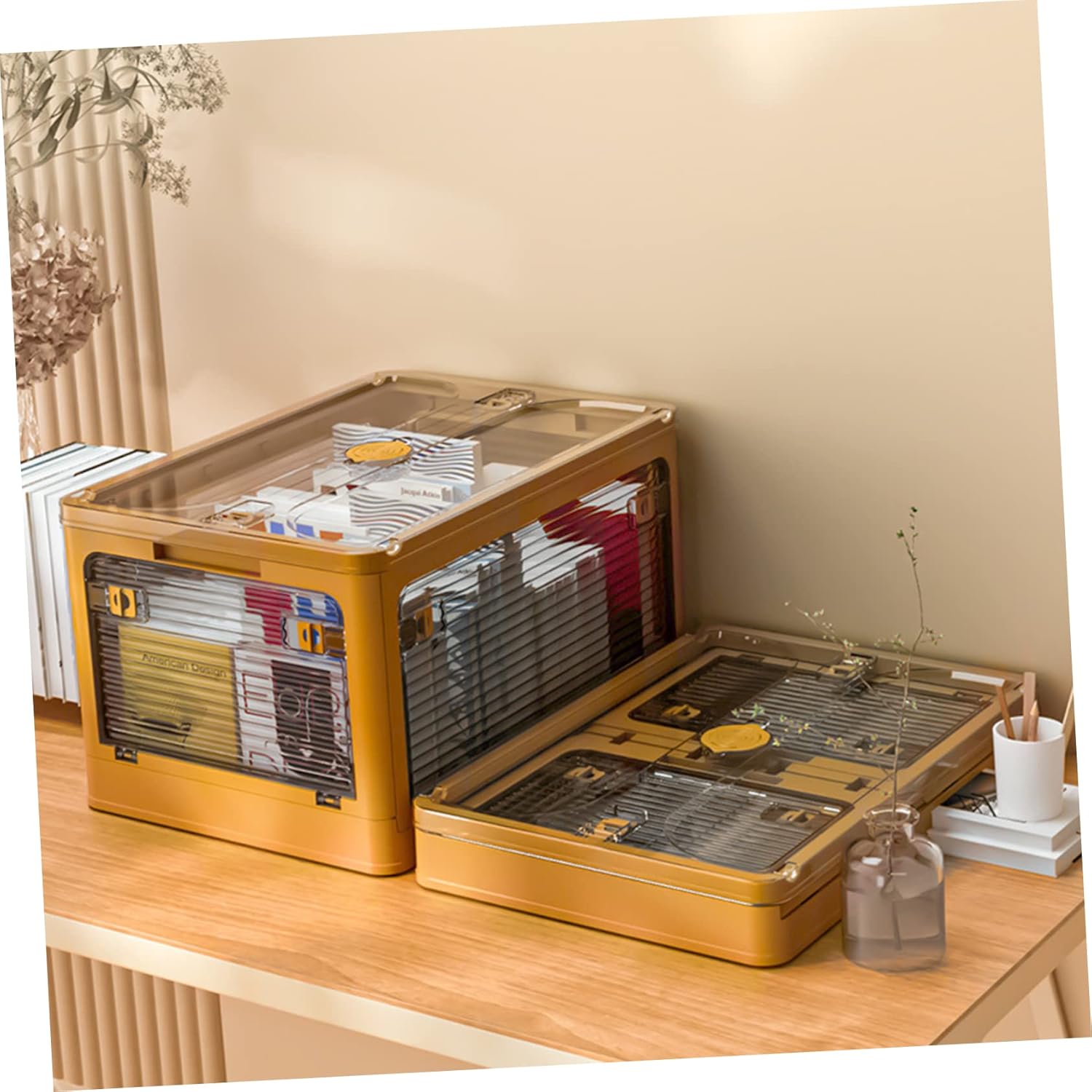 Cabilock Portable Foldable Storage Box with Lid Stackable Transparent Organizer with Wheels Space Saving PP Container for Bedroom Books Sundries Easy Access and Moving