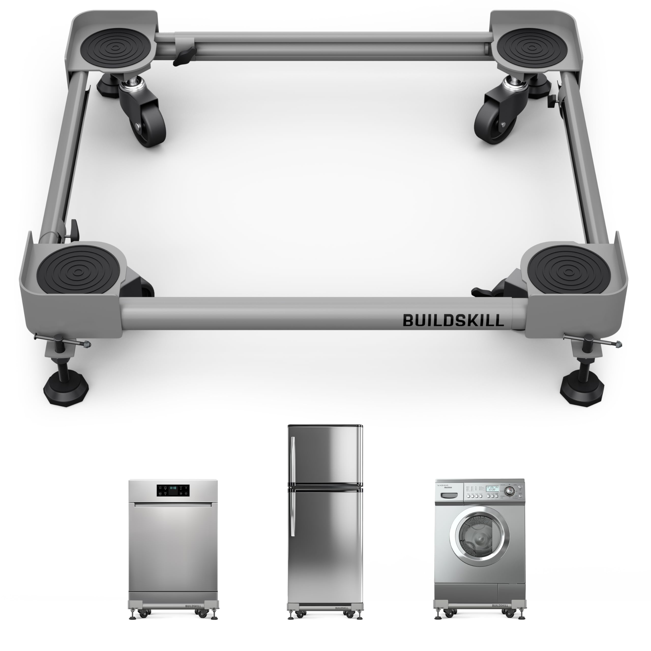 BUILDSKILL 160kg Load Capacity Washing Machine Stand | 360° Rotating Wheels | Adjustable | Absorbs Vibration | Anti-Skid Fridge and Dishwasher Stand, Top & Front Load Washing Machine Trolley - Grey